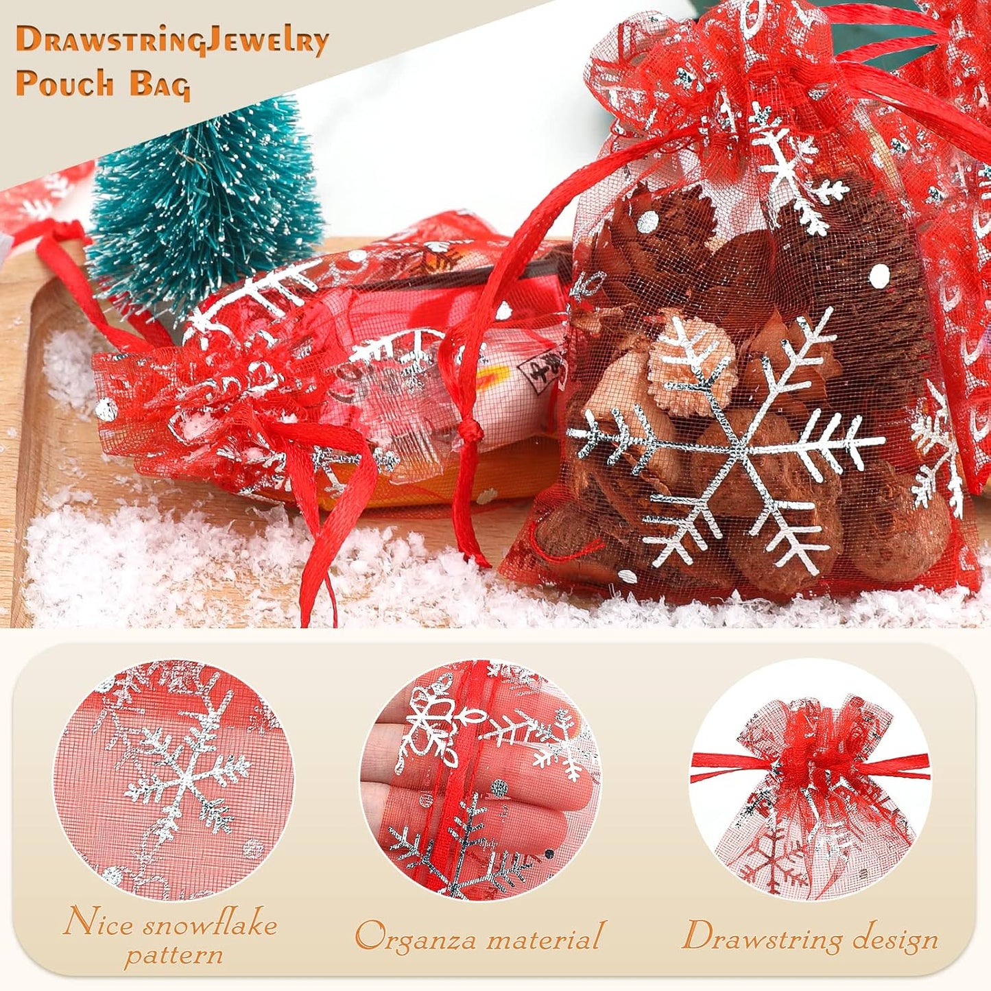 jijAcraft 3x4 Inch Christmas Organza Bags - 100Pcs Red Snowflake Gift Bags with Drawstring, Xmas Party Favor Sheer Mesh Pouches for Winter Gift, Candy, Jewelry Bag