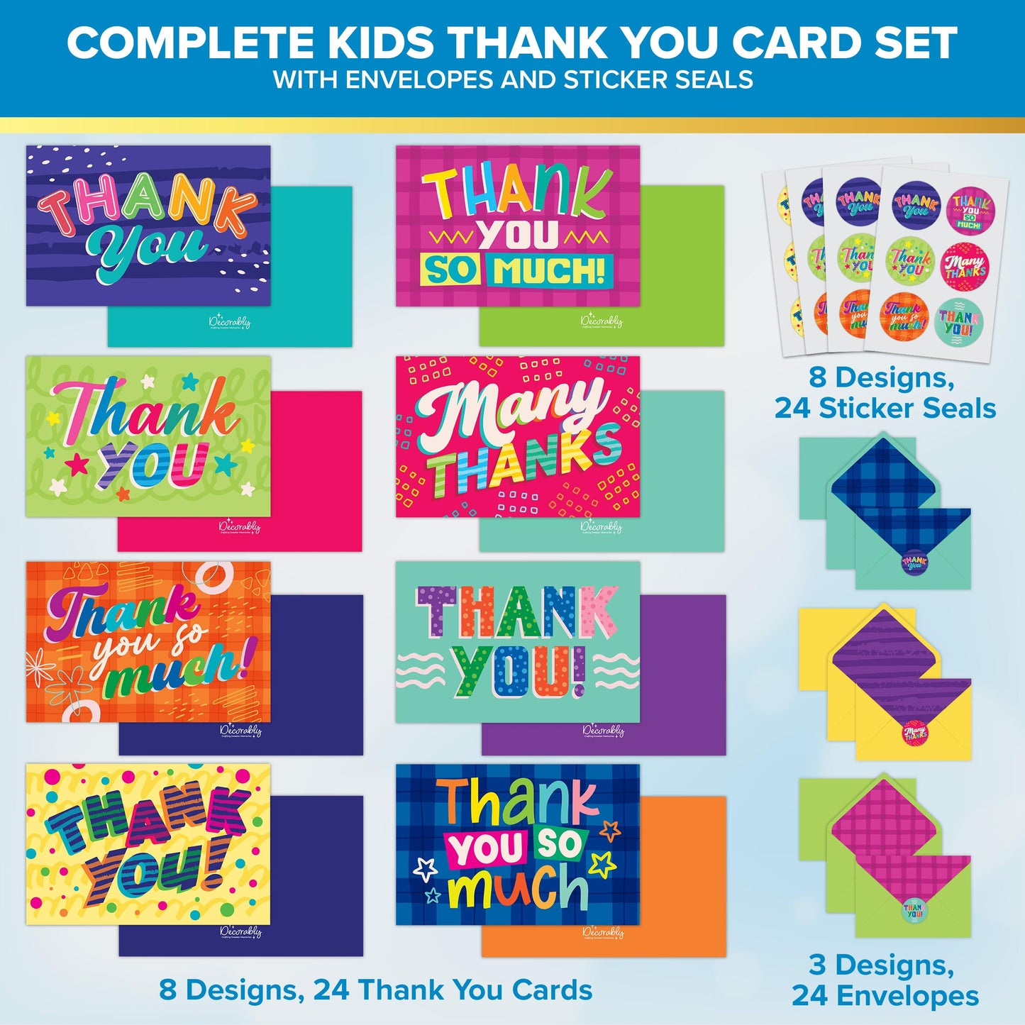 Decorably 24 Pack 6x4in Kids Thank You Cards for Boys & Girls