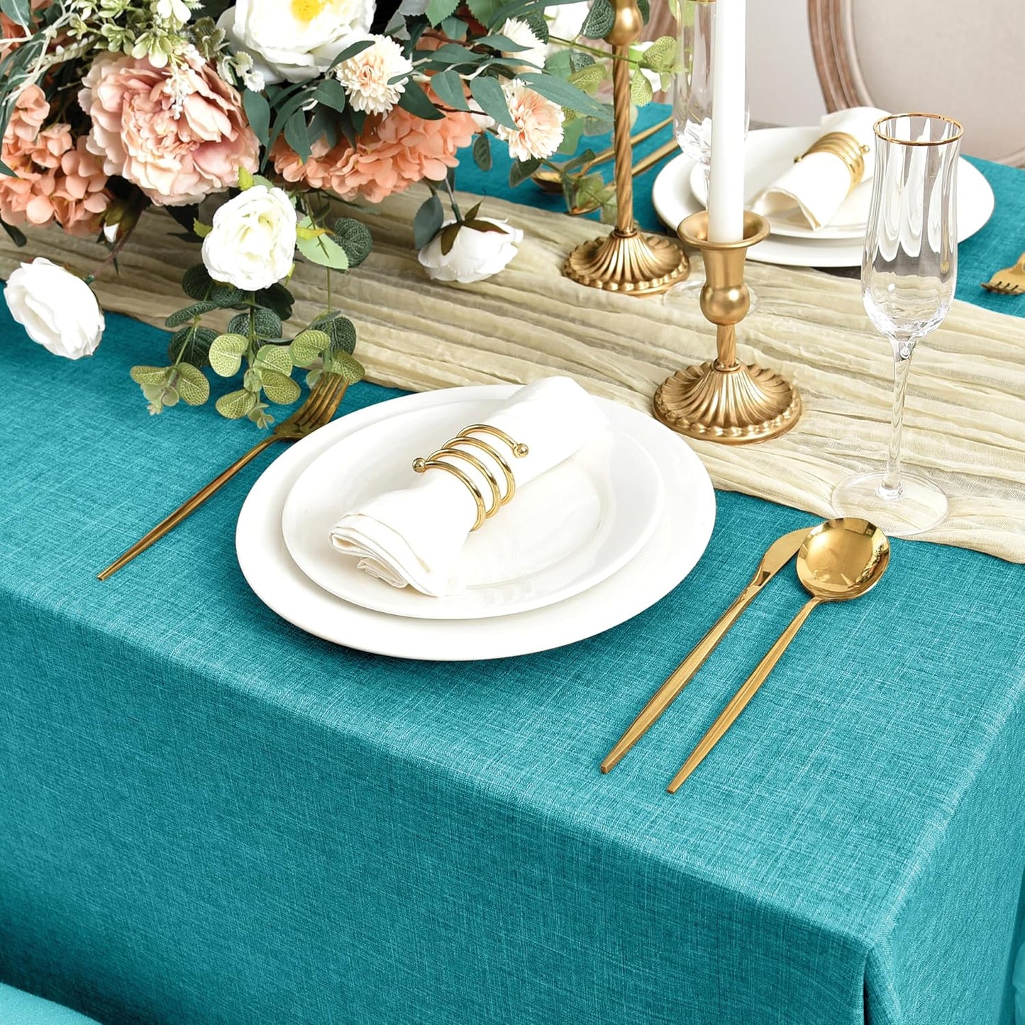 Fitable Faux Linen Tablecloths for Rectangle Tables: Water & Stain Resistant Farmhouse Table Cloth, Washable Burlap Textured Table Covers for Kitchen Dining Party(2 Pack, 60x102 Inch, Teal)