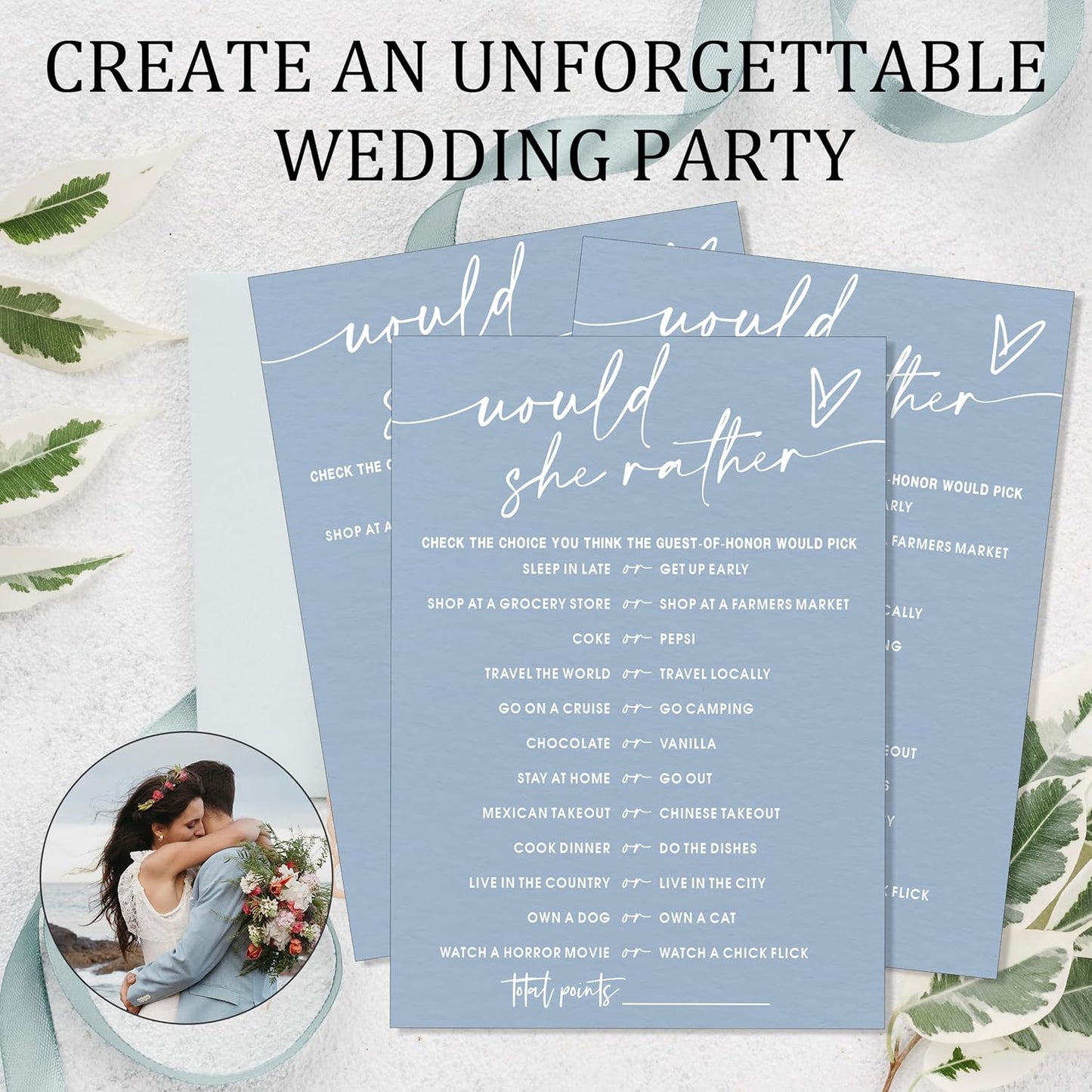 Fun Blue Bridal Shower Games Cards, Would She Rather Bridal Shower Game for 25 Guests Entertainment, Engagement Party Wedding Games for Guests, Minimalist Wedding Party Supplies - B11