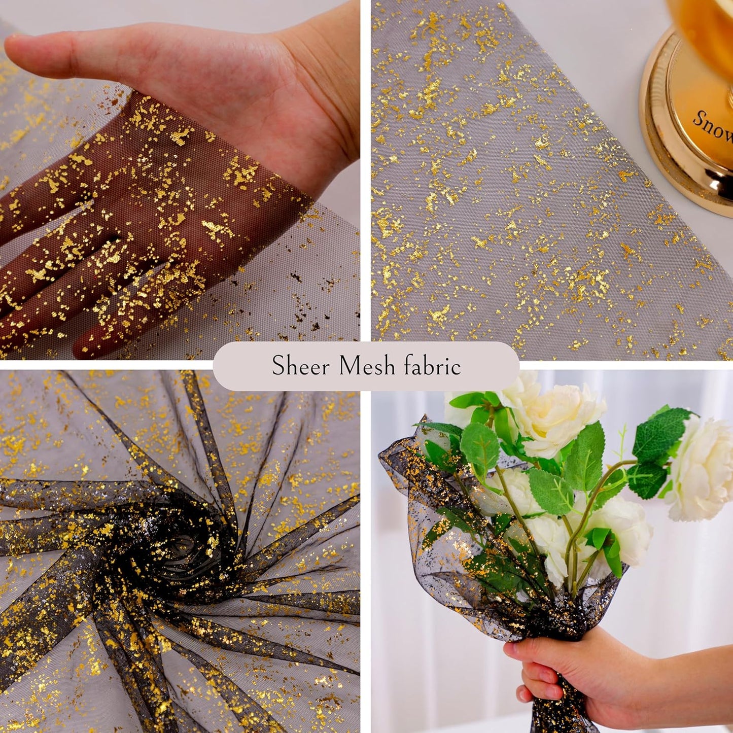 Snowkingdom Black and Gold Cheesecloth Table Runner 10 FT, Sheer Chiffon Sparkle Gauze Mesh Runners 120 Inch, Glitter Table Centerpieces Decoration for Birthday Party Wedding Christmas Halloween