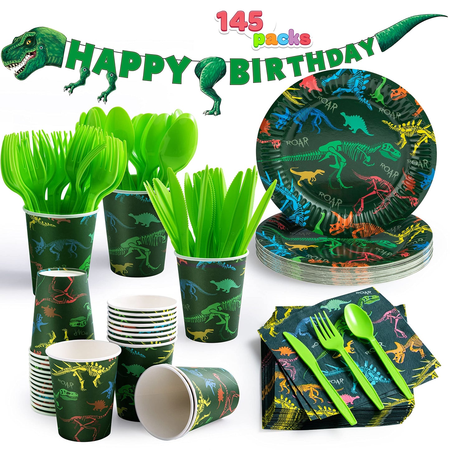 JOYIN 145 Piece Dinosaur Birthday Party Supplies with Banner, 24 Serves Dinosaur Disposable