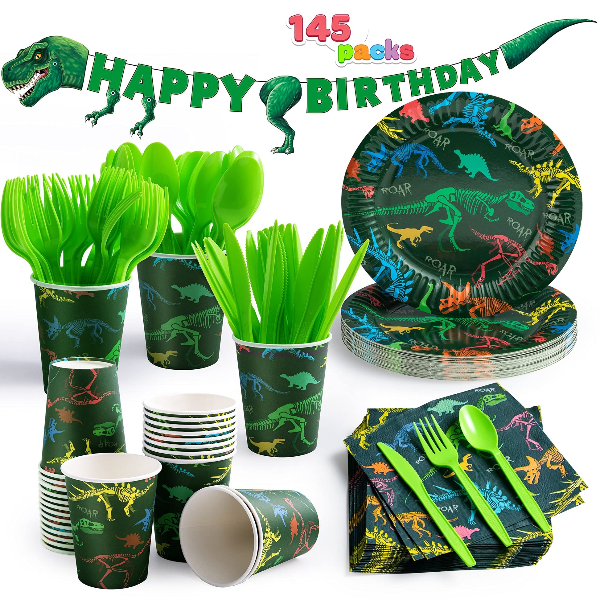 JOYIN 145 Piece Dinosaur Birthday Party Supplies with Banner, 24 Serves Dinosaur Disposable