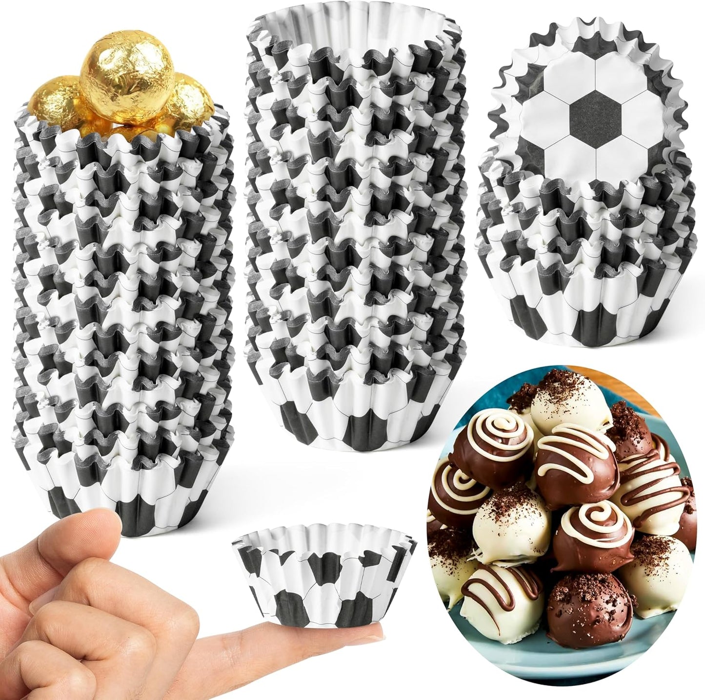 COcnny Soccer Mini Cupcake Liners - 600pcs Football Mini Baking Cups Muffin Cupcakes Wrappers for Boys Teens Birthday, Sport Theme Cake Wrap Making Supplies for Celebration Holiday Baby Shower Party