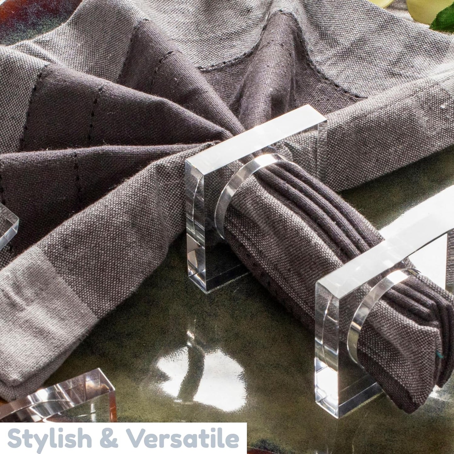 Acrylic Set of 12 Square Beveled Napkin Ring - Cloth Napkin Rings Serviette Buckles for Wedding, Birthday, Banquet, Table Décor, Home Décor, Gifting (Transparent) - CLEENTABLE