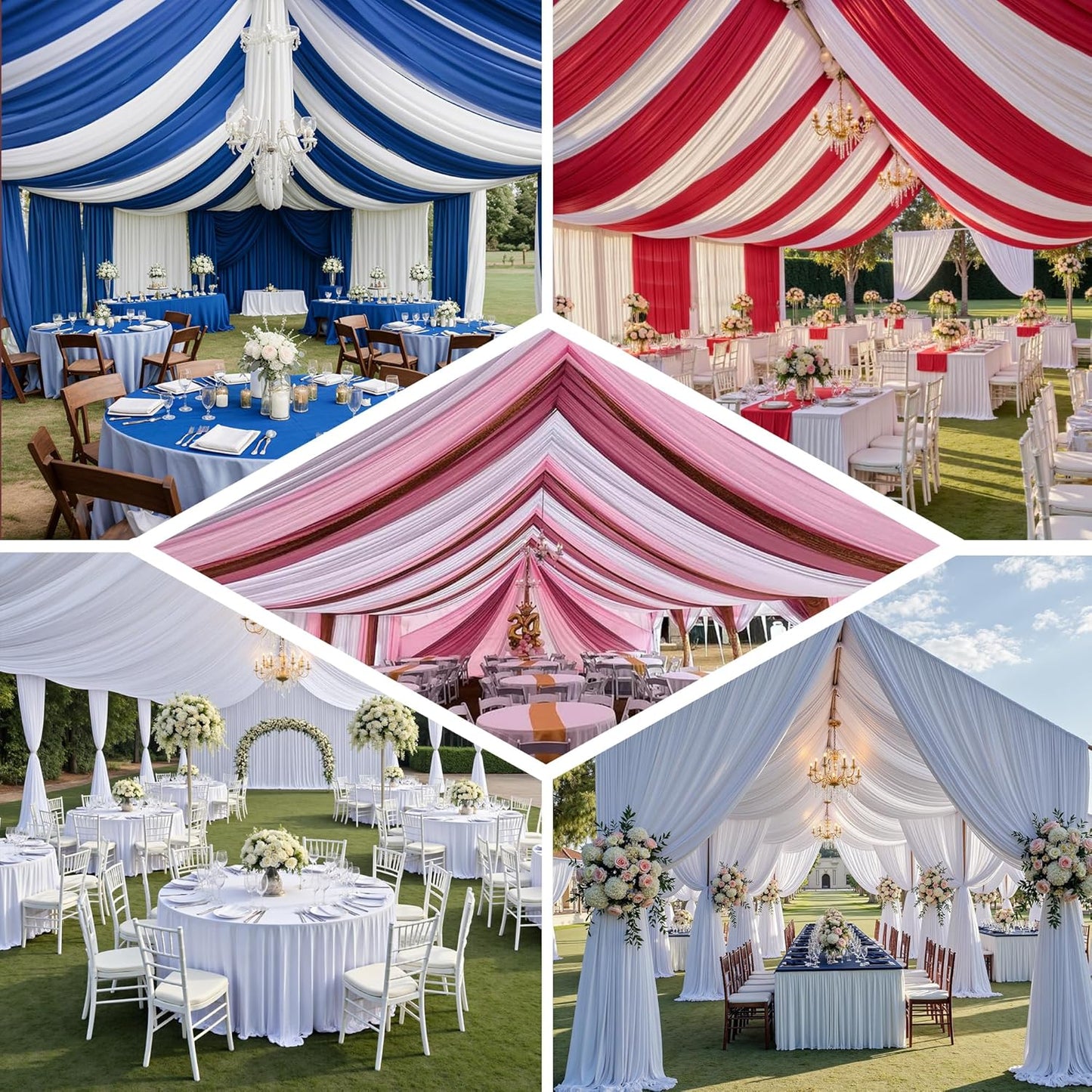 PartyVillage 20ftx40ft White Ceiling Curtain for Wedding Parties – 4 Panels Wrinkle-Free 40 FT Long Tent Draping Curtains for Wedding, Birthday & Theme Parties, 40ft Height with Rod Pocket