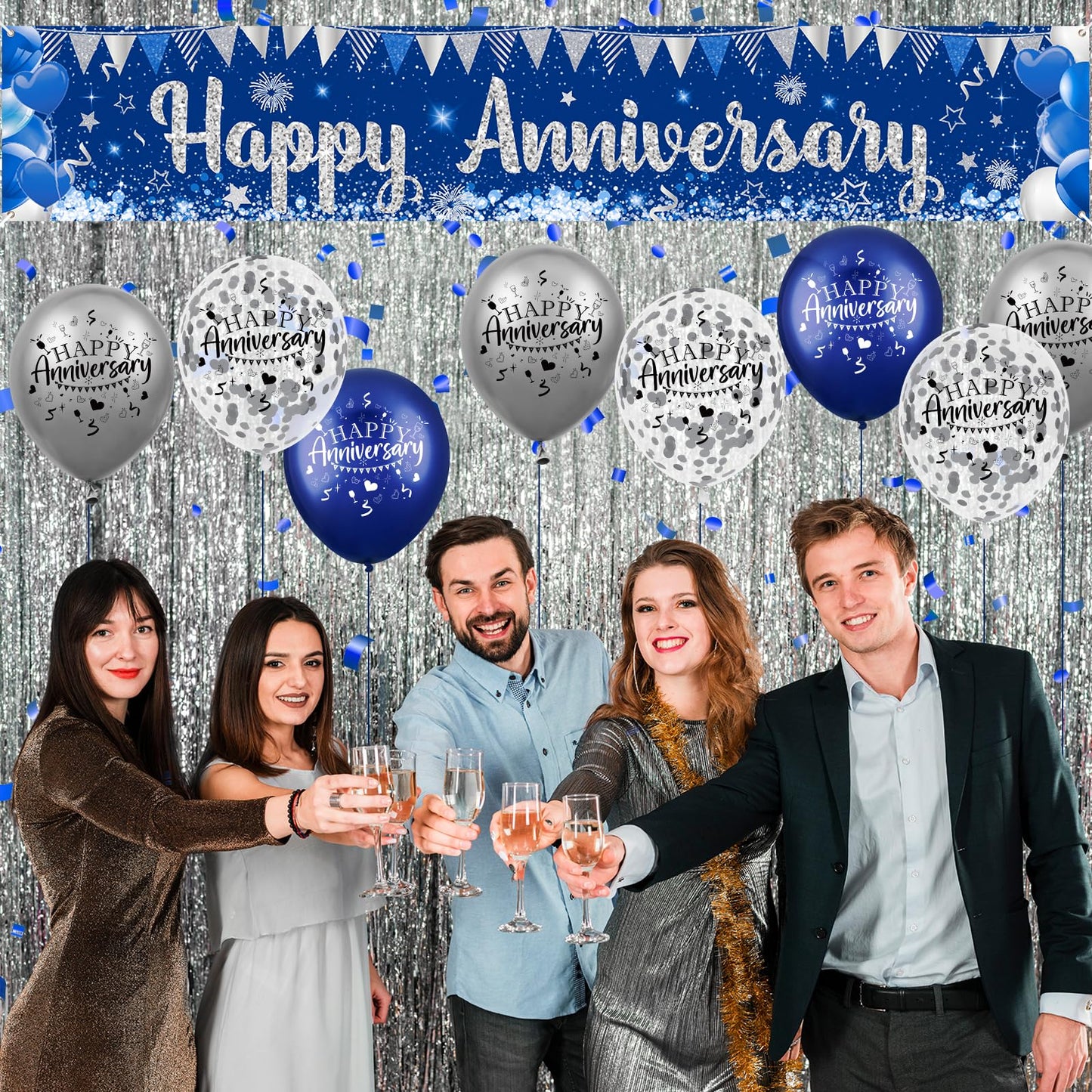 Blue Happy Anniversary Decorations for Men Women, Silver Blue Happy Anniversary Banner and 18pcs