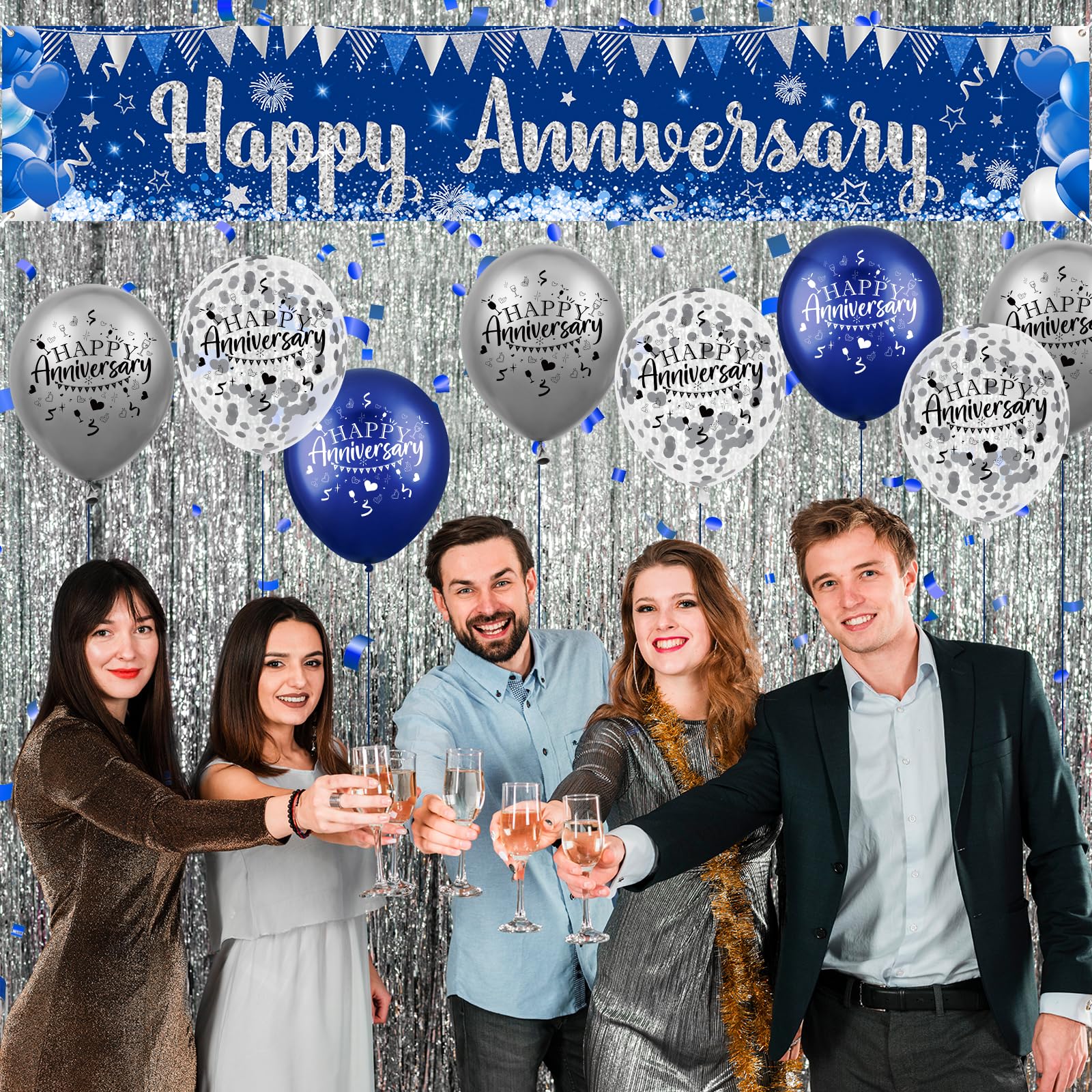 Blue Happy Anniversary Decorations for Men Women, Silver Blue Happy Anniversary Banner and 18pcs