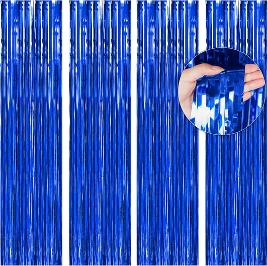 BTSD-home Blue Foil Fringe Curtain, Metallic Photo Booth Backdrop Tinsel Door Curtains for Wedding Birthday Bridal Shower Baby Shower Bachelorette Christmas Party Decorations(4 Pack, 8ft x 3ft)