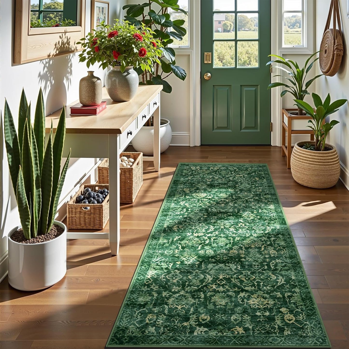 Dark Green 2x6 Runner Rug for Hallways Bed Side Kitchen, Boho Washable Distressed Low-Pile Floor Entryway Long Bathroom Mat, Non-Slip Laundry Room Washstand Front Carpet Green 24x72 Inch