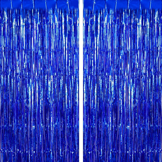 2 Pack Blue Fringe Curtains Foil Shiny Fringe Backdrop Tinsel Door Streamers Foil Curtains for Birthday Wedding Engagement Bridal Shower Celebration Party Decorations Large