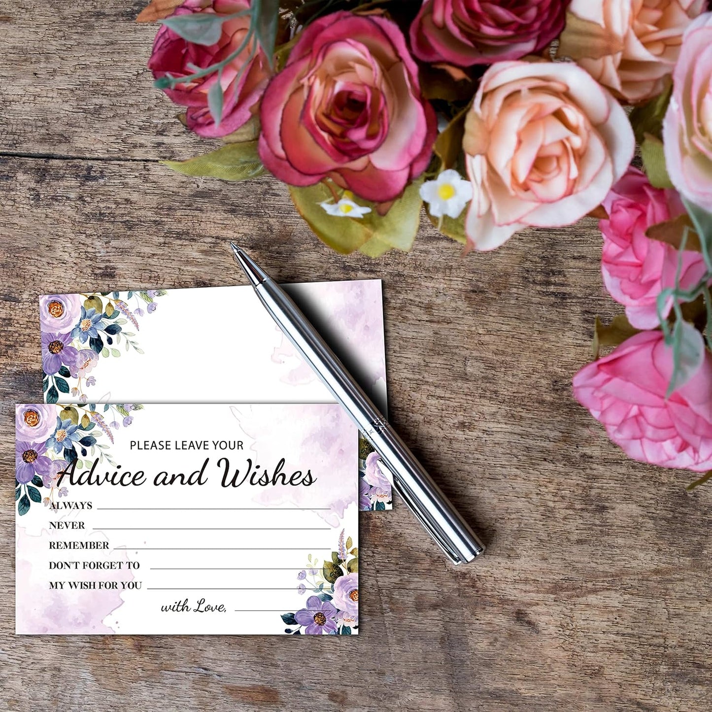 Purple Floral Advice and Wishes Cards, 25 Pcs Watercolor Purple Double Sided Advice Cards for The Bride and Groom, Mr and Mrs, Bride Shower, Wedding Reception, Engagement Party(08)