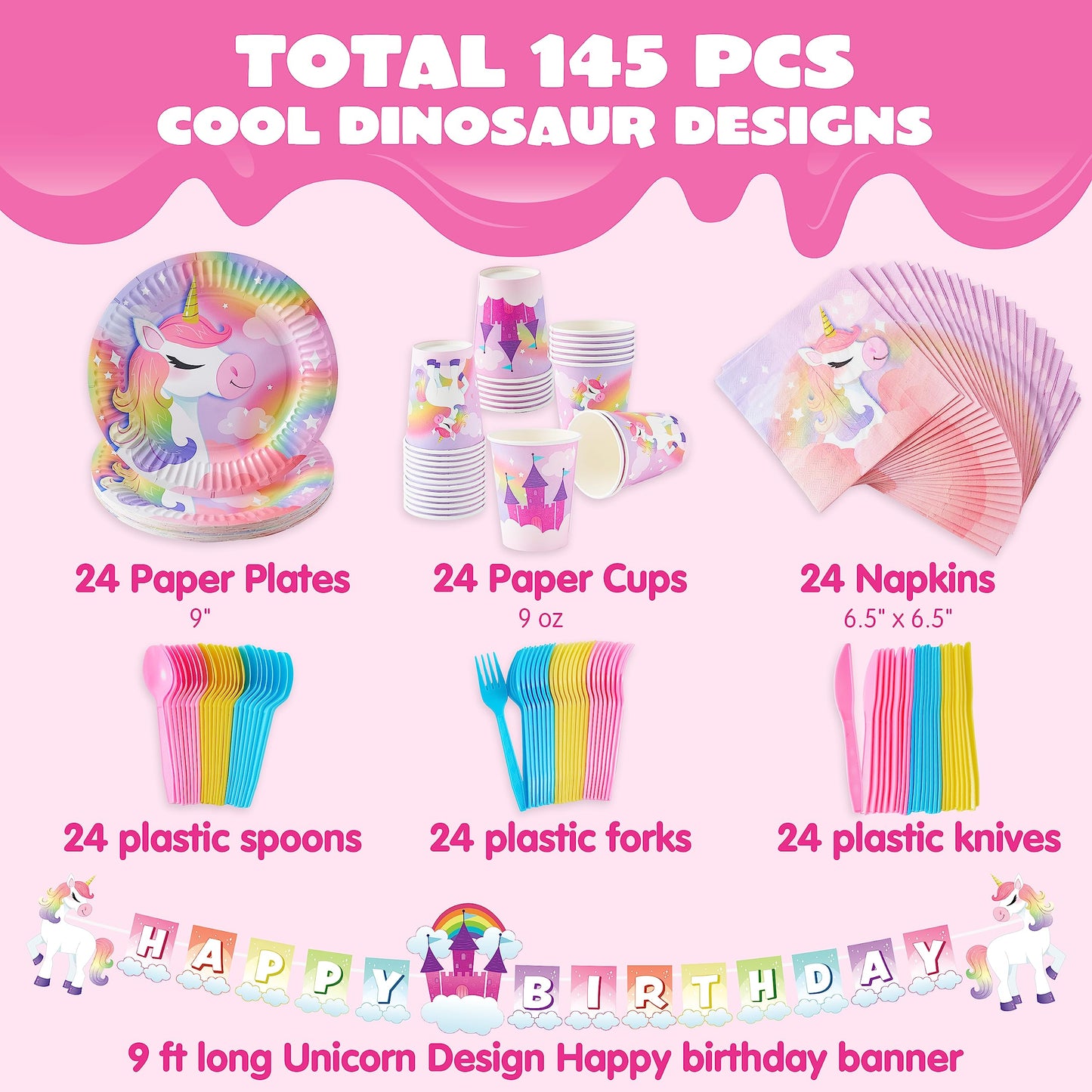JOYIN 145 Pcs Unicorn Birthday Party Supplies with Unicorn Banner for Girls, 24 Serves Unicorn
