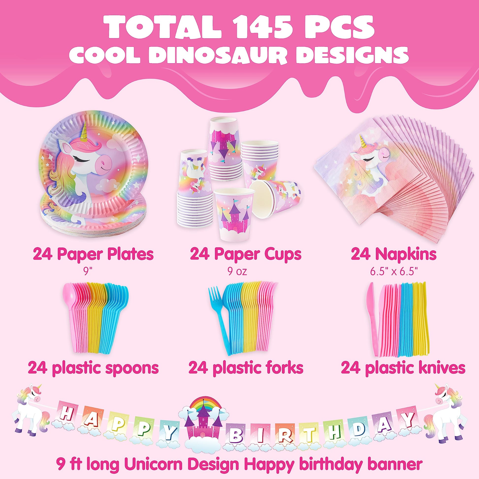 JOYIN 145 Pcs Unicorn Birthday Party Supplies with Unicorn Banner for Girls, 24 Serves Unicorn