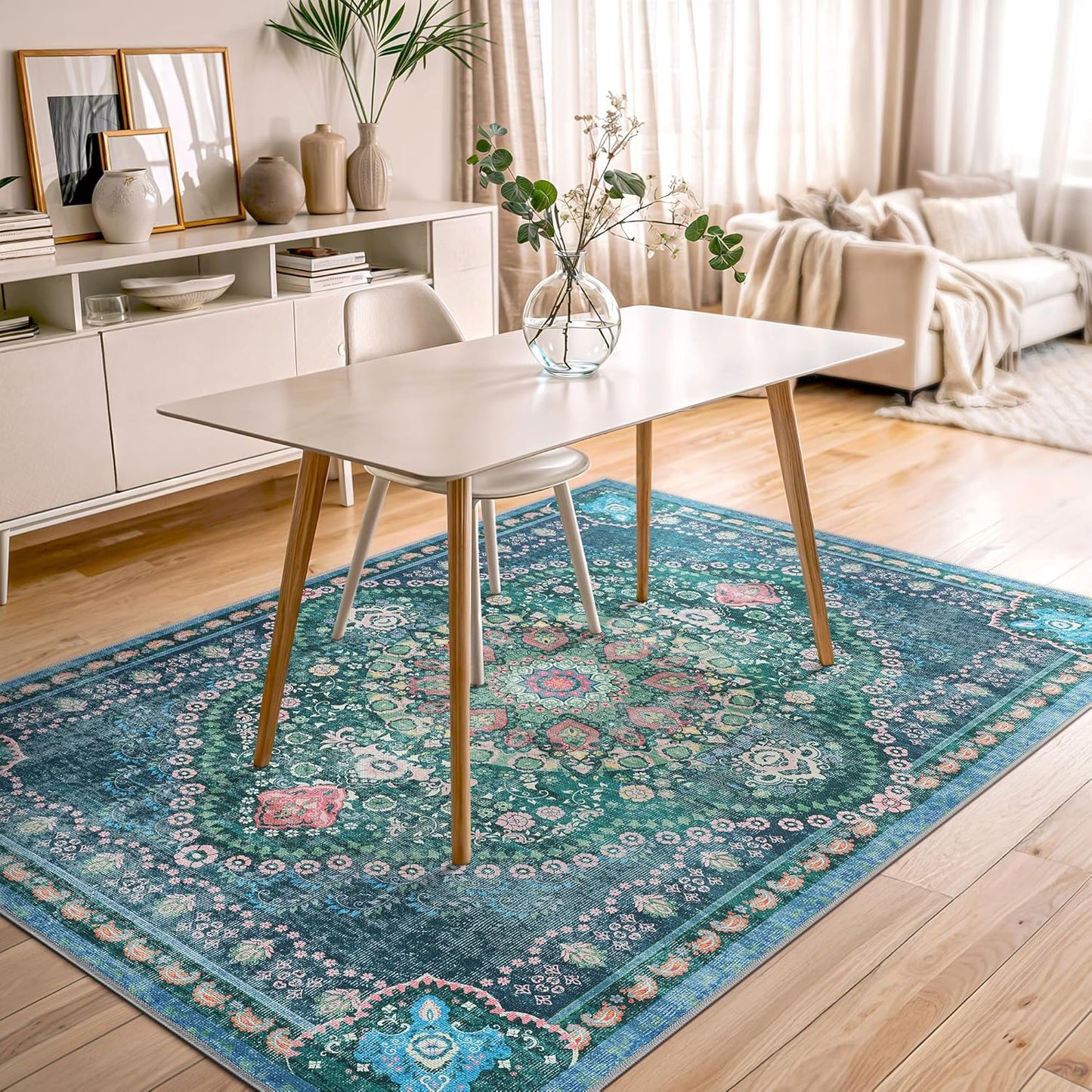 Bloom Rugs Washable Non-Slip 5' x 7' Rug - Green Traditional Medallion Area Rug for Living Room, Bedroom, Dining Room, and Kitchen - Exact Size: 5' x 7'