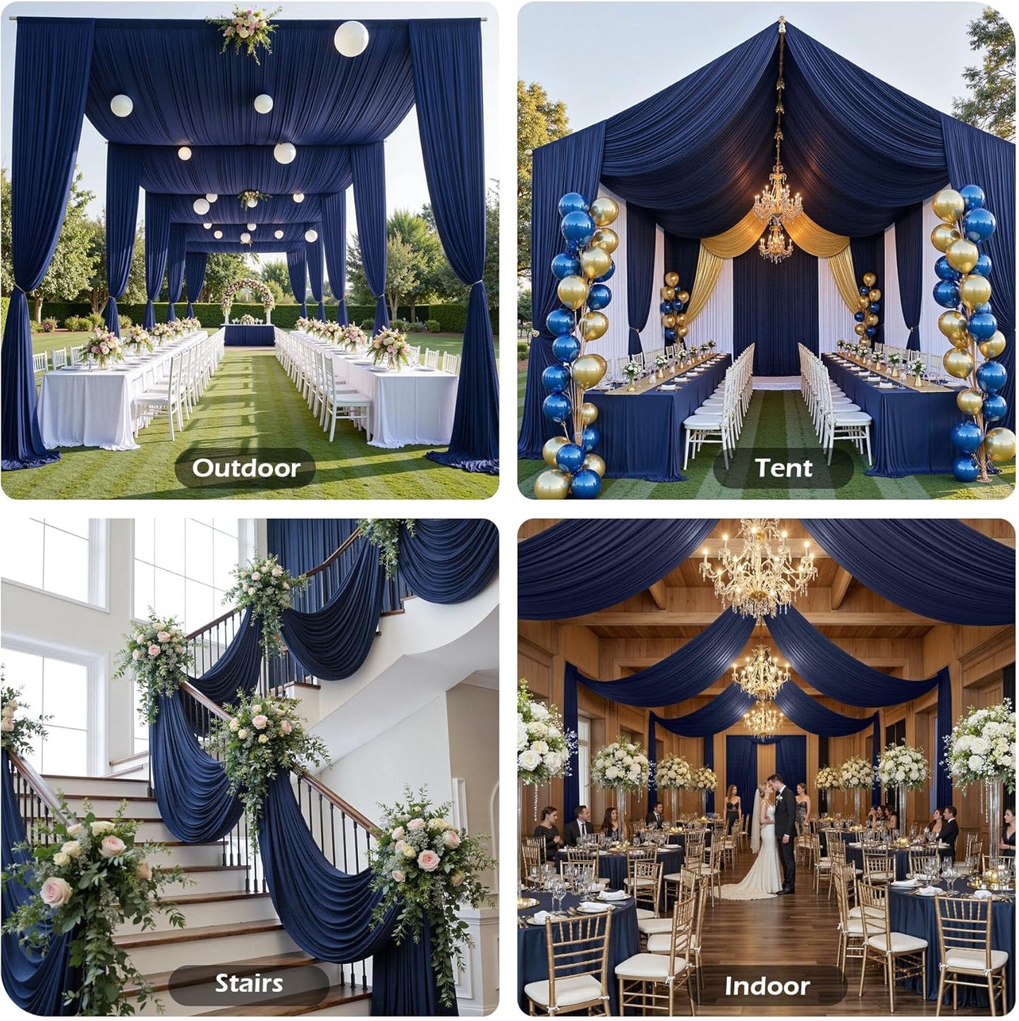 PartyVillage 20ftx40ft Navy Blue Ceiling Curtain for Wedding Parties – 4 Panels Wrinkle-Free 40 FT Long Tent Draping Curtains for Wedding, Birthday & Theme Parties, 40ft Height with Rod Pocket