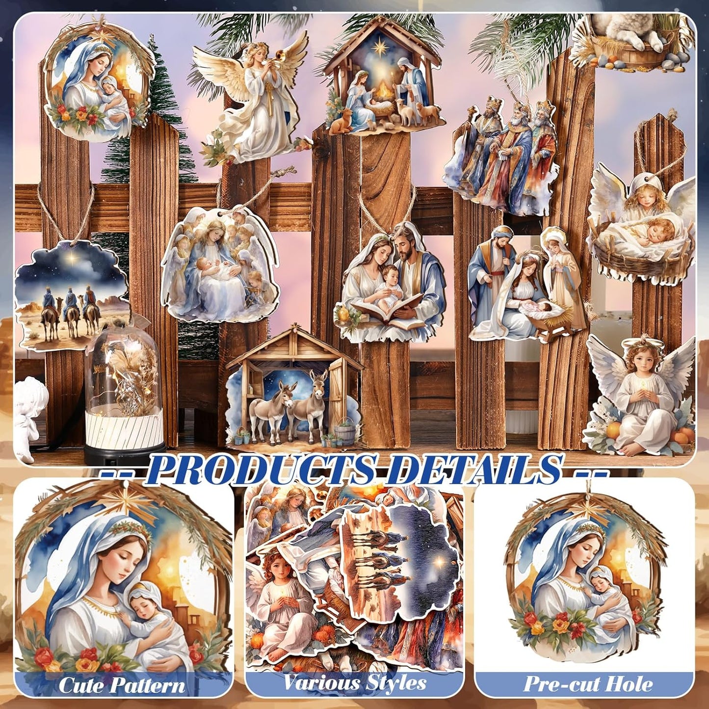 Suzile 36 Pcs Christmas Wooden Ornaments Nativity Ornaments Religious Christmas Decorations for Tree Wreaths Xmas Birth of Jesus Hanging Wood Cutouts Decor for Farmhouse Home Christian Party Favors