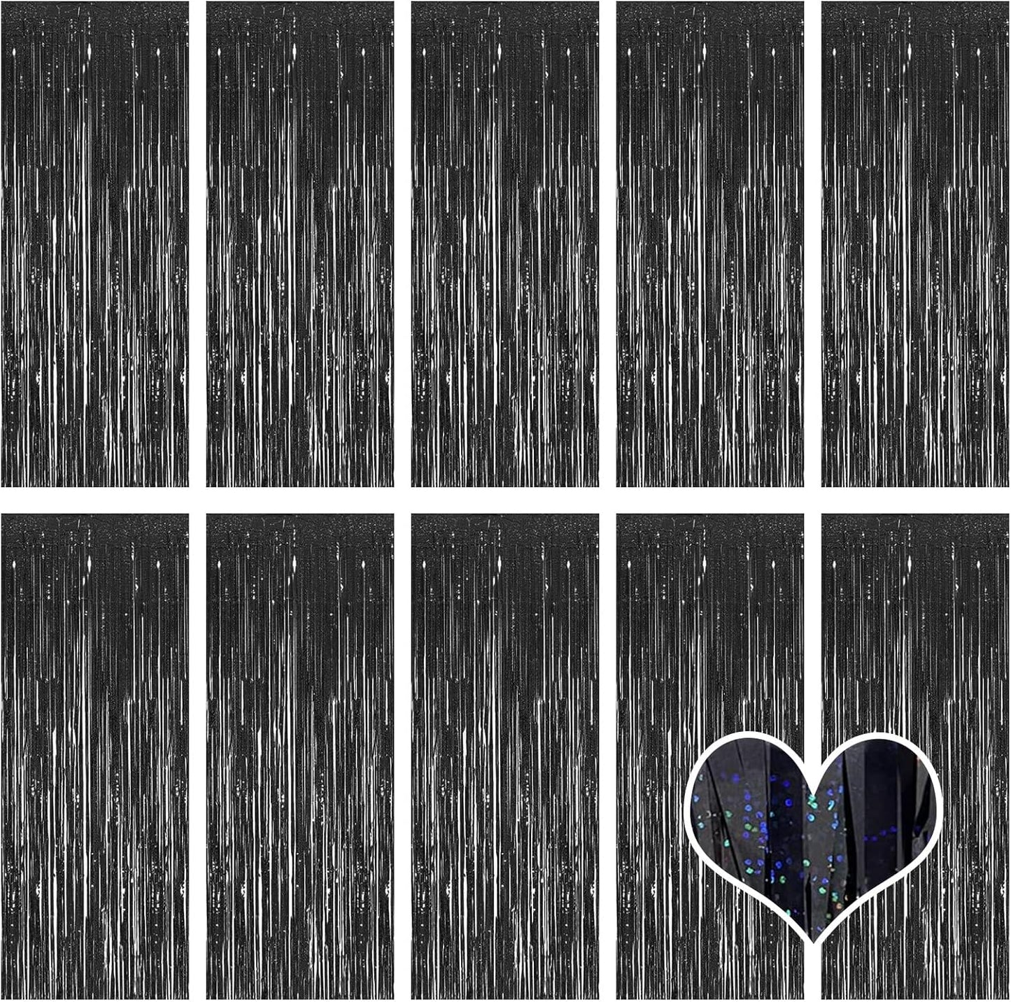 10 Pack Black Backdrop Curtain 3.2ft x 8.2ft Metallic Tinsel Foil Fringe Curtains Photo Booth Background for Birthday Party Decoration Baby Shower Engagement Wedding Christmas Decoration (Black)