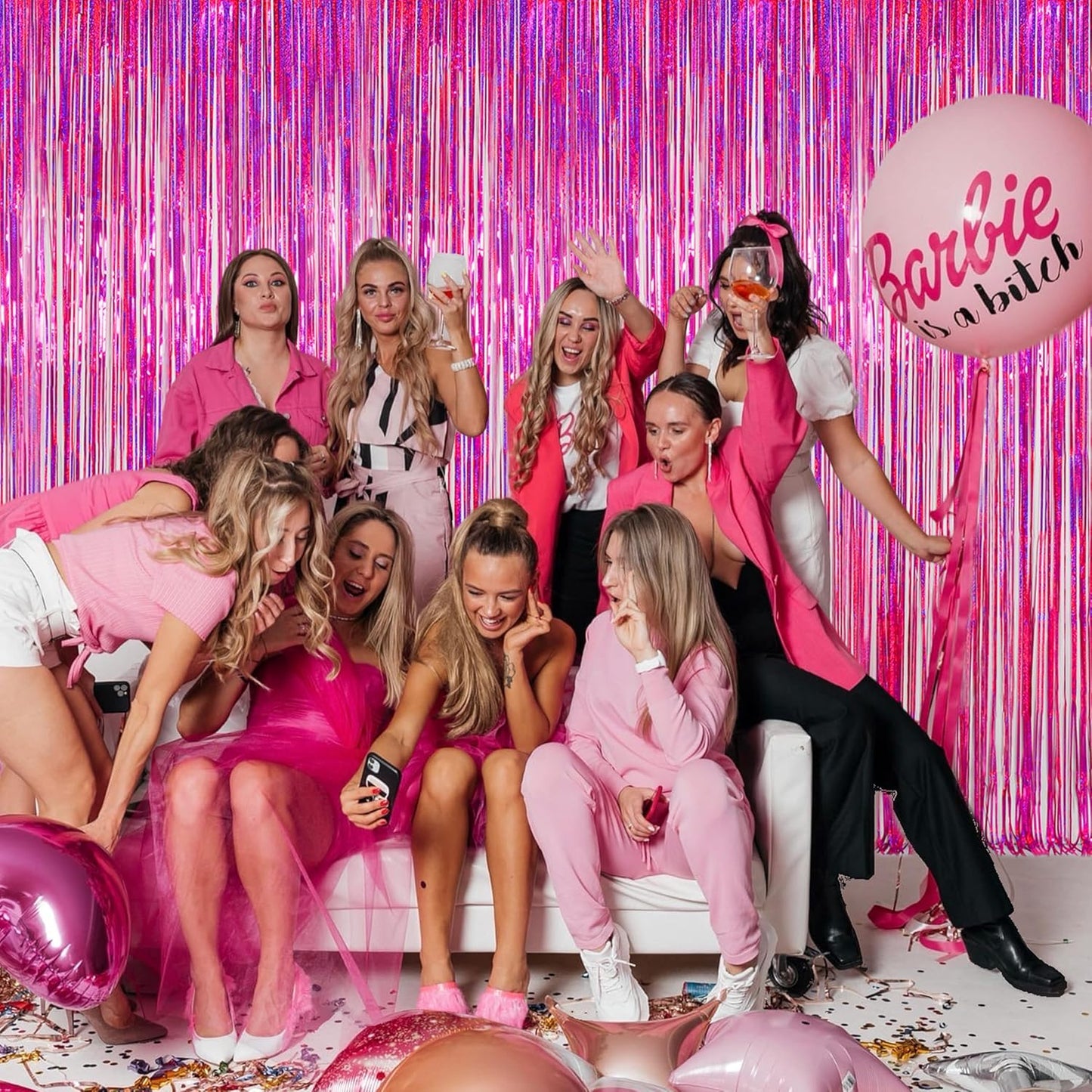 Melsan 2 Pack 3.2 ft x 8.2 ft Hot Pink Tinsel Foil Fringe Curtains Backdrop, Sparkle Foil Tinsel Curtains for Party Picture Area Decoration, Rose Red