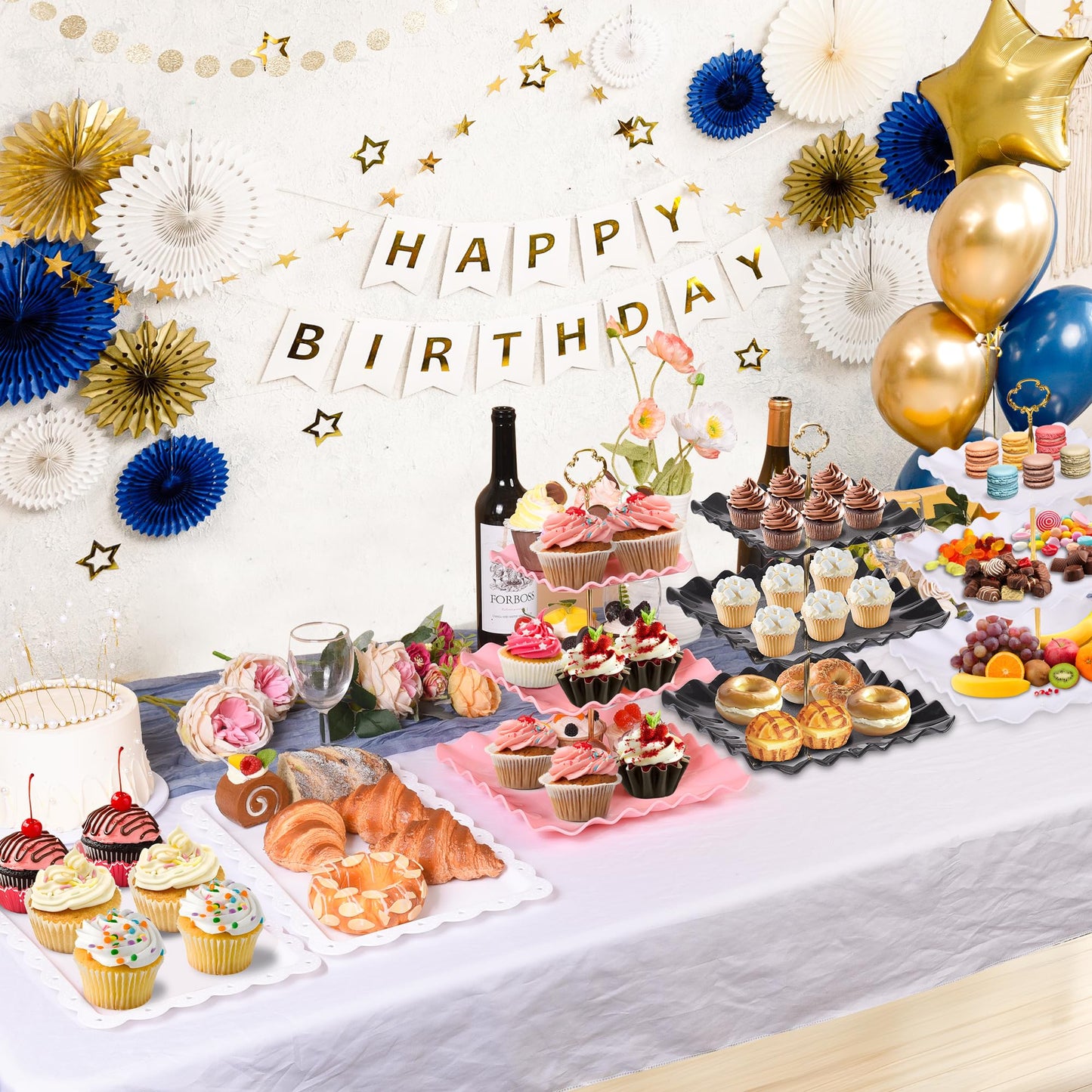10 Pack Dessert Table Display Set, 4 Three-Tier Square Cupcake Stands and 6 Serving Trays for