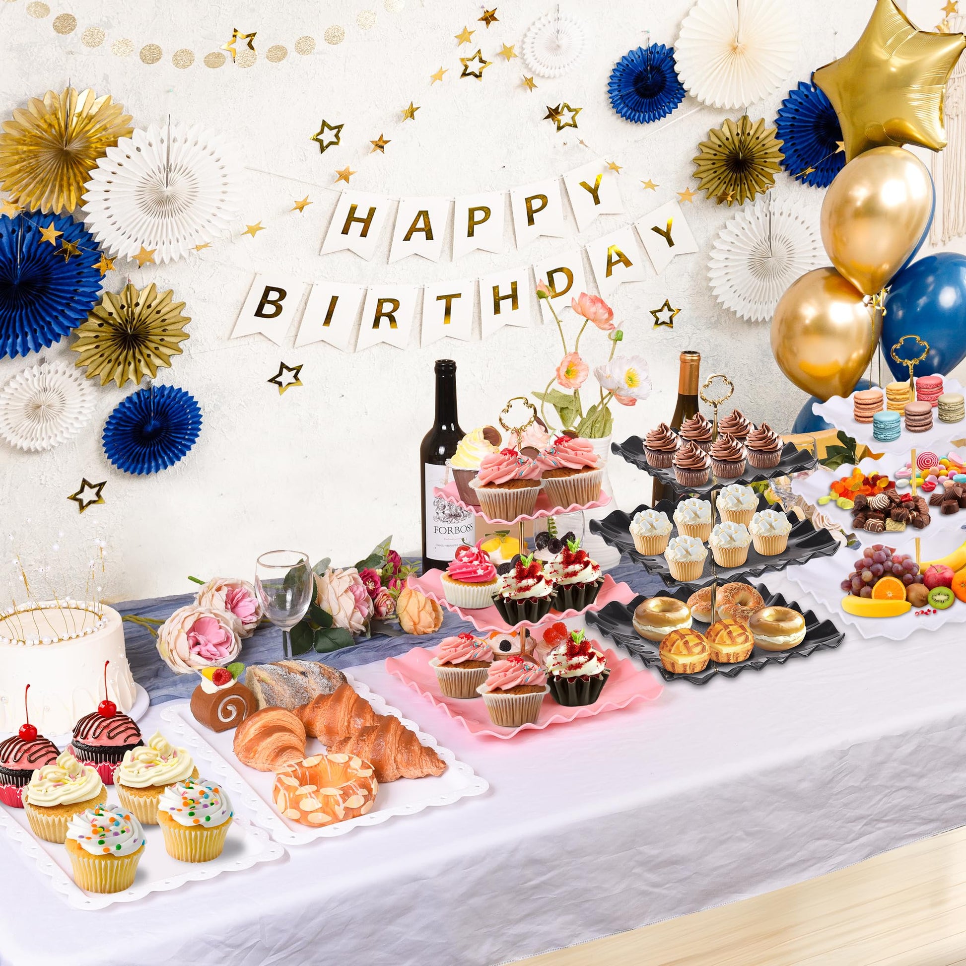 10 Pack Dessert Table Display Set, 4 Three-Tier Square Cupcake Stands and 6 Serving Trays for