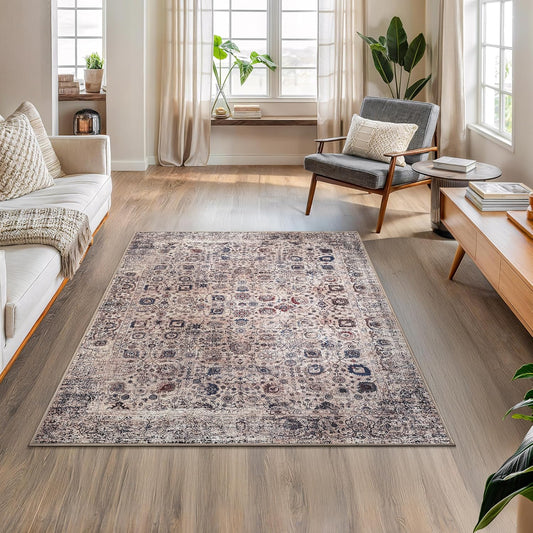 Bloom Rugs Washable Non-Slip 4' x 6' Rug - Light Tan/Blue Traditional Oriental Area Rug for Living Room, Bedroom, Dining Room, and Kitchen - Exact Size: 4' x 6'