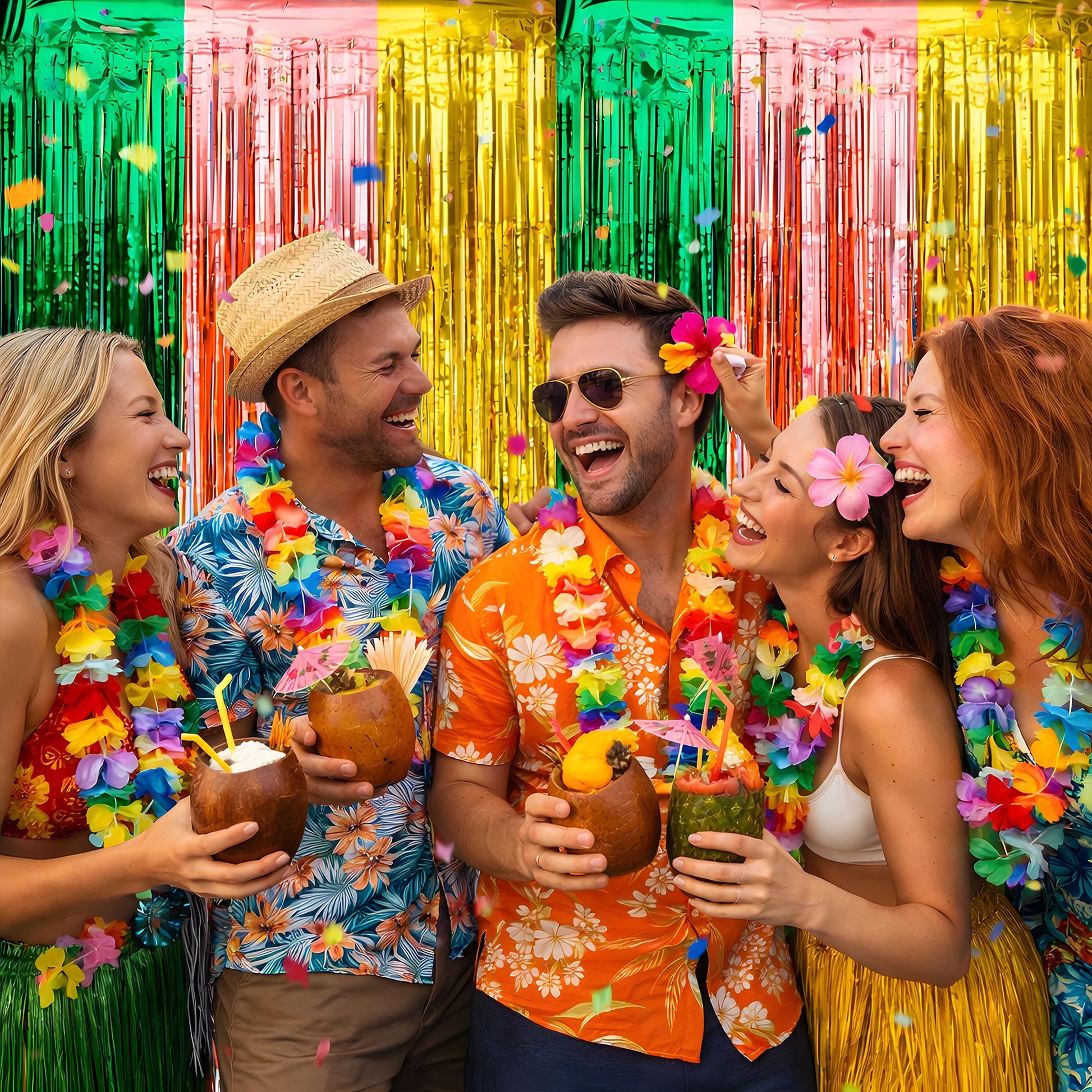 Luau Party Decorations - Green Gold Rose Tropical Streamers Backdrop Banner | Hawaiian Party