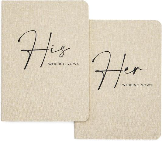 Slim Vow Books (Set of 2 - Design 4) - Soft Cream Canvas Linen Textured Cover Wedding Vow Booklets, Ceremony Speech Promise Notebook Journal, Gift for Newly Engaged Couple, 48 Lined Pages, 5.75" x 4"