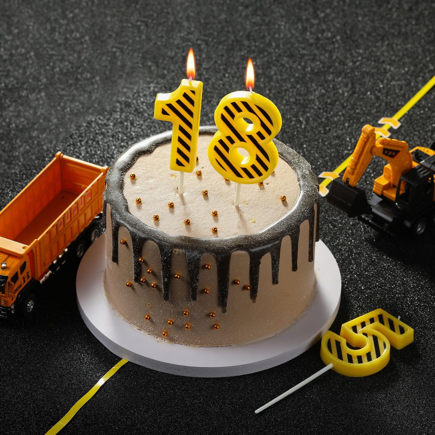 PHD CAKE 2.76 Inch Number 3 Construction Birthday Candles, Yellow and White Stripes Number Candles