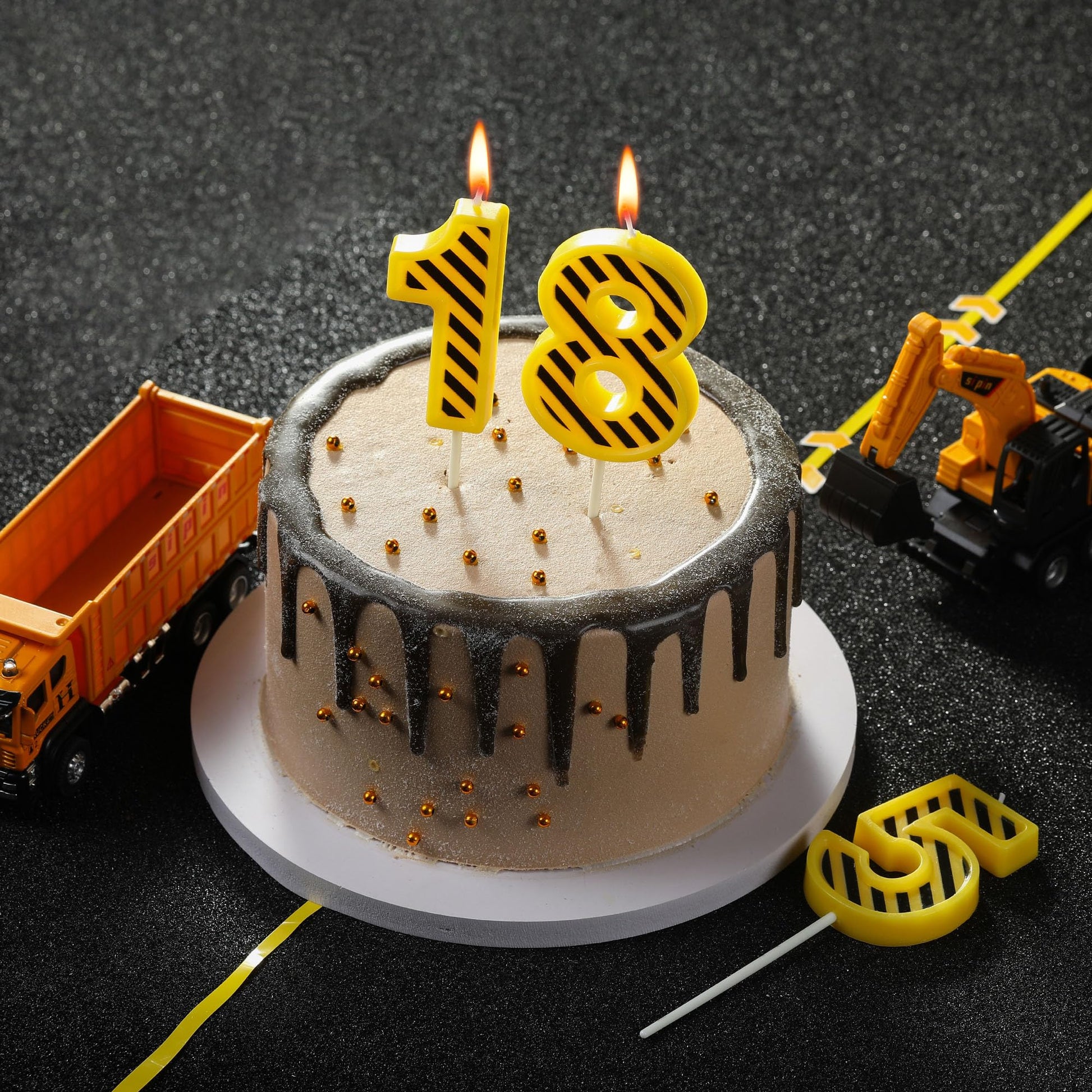 PHD CAKE 2.76 Inch Number 3 Construction Birthday Candles, Yellow and White Stripes Number Candles