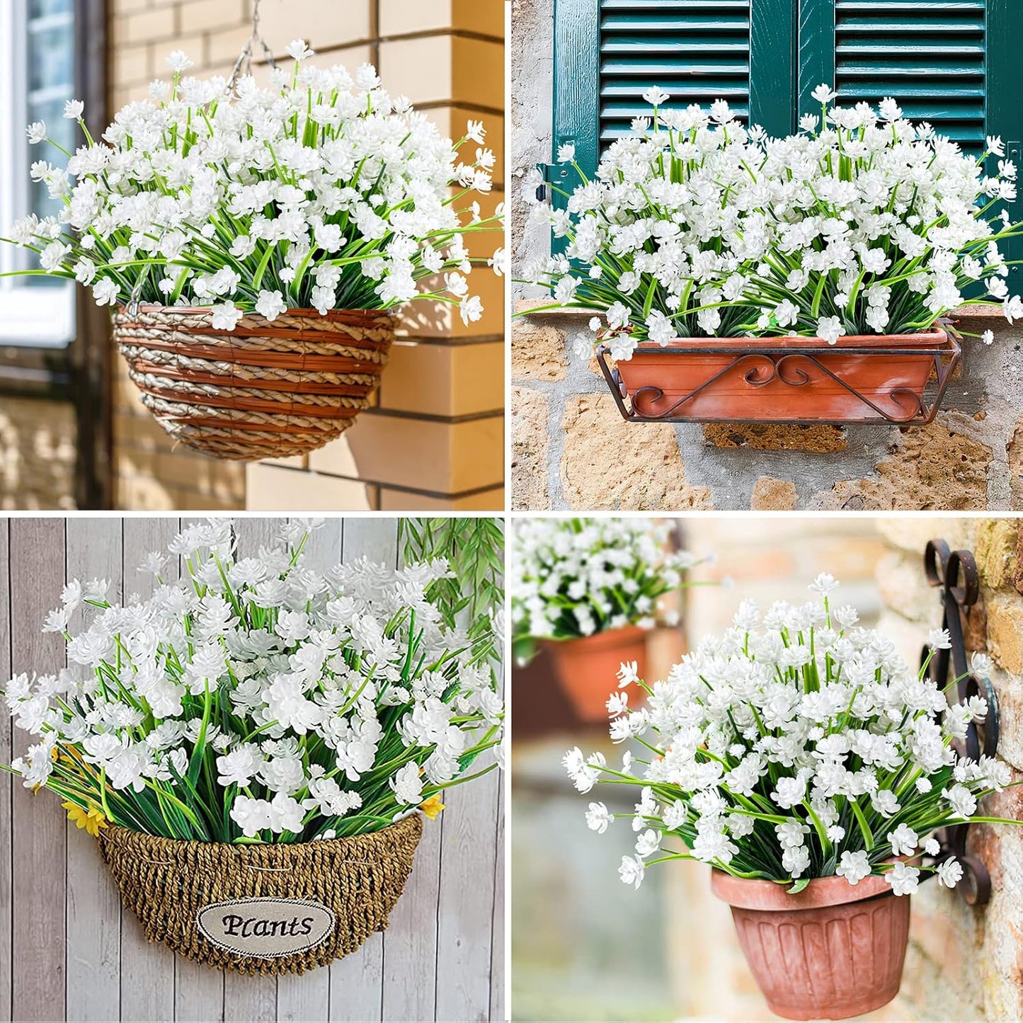 AmyHomie 20 Bundles Artificial Flowers for Outdoor Outside Spring Summer Decoration UV Resistant Faux Flowers No Fade Fake Plastic Plants Garden Porch Window Box Decorating (Pure White)