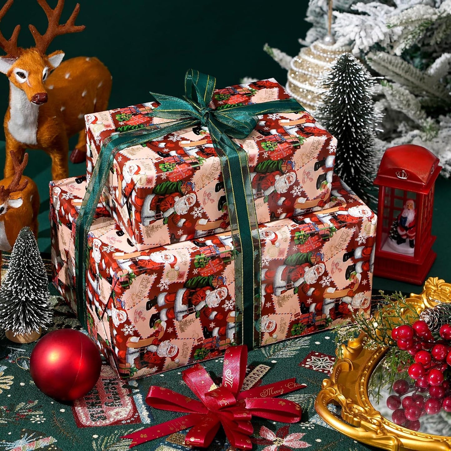 Ulmasinn Reversible Christmas Wrapping Paper Roll - 17" x33ft Double-Sided Designs with Santa and postcard & Plaid for Xmas Gift Wrap for Presents, Table Decor & Crafting