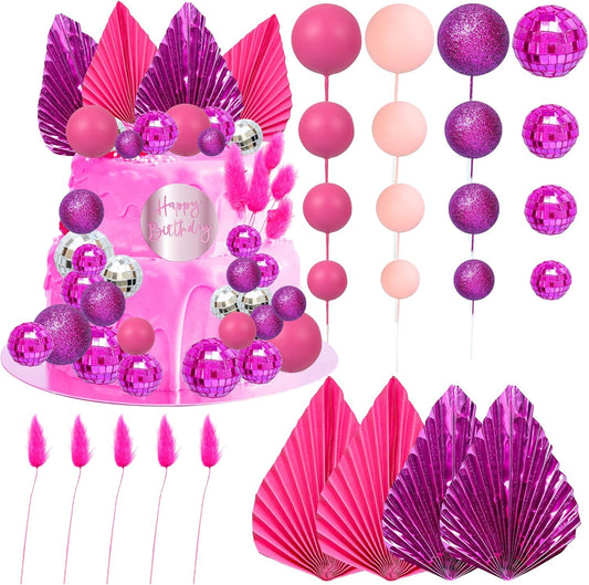 Ephlyn 33 Pack Balls Cake Toppers Boho Palm Leaves Cake Decorations Round Acrylic Happy Birthday Cupcake Toppers for Birthday Wedding Baby Shower Party Supplies Rose Red
