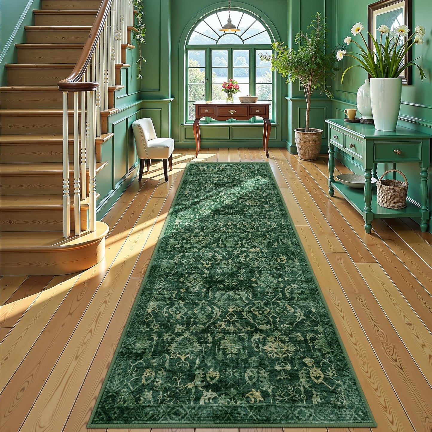 Dark Green 3x12 Runner Rug for Hallways Bed Side Kitchen, Boho Washable Distressed Low-Pile Floor Entryway Long Bathroom Mat, Non-Slip Laundry Room Front Carpet Green 36x144 Inch