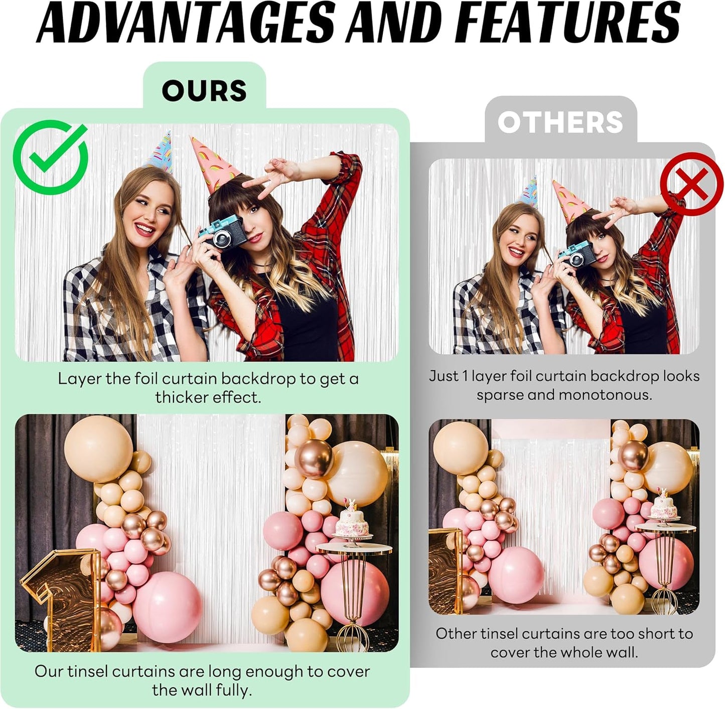 BTSD-home 4 Pack 3x 8ft White Foil Fringe Curtain Backdrop Party Streamers Decorations Metallic Photo Booth Tinsel Theme Bachelorette Graduation Wedding Birthday Bridal Shower Christmas Decor Supplies