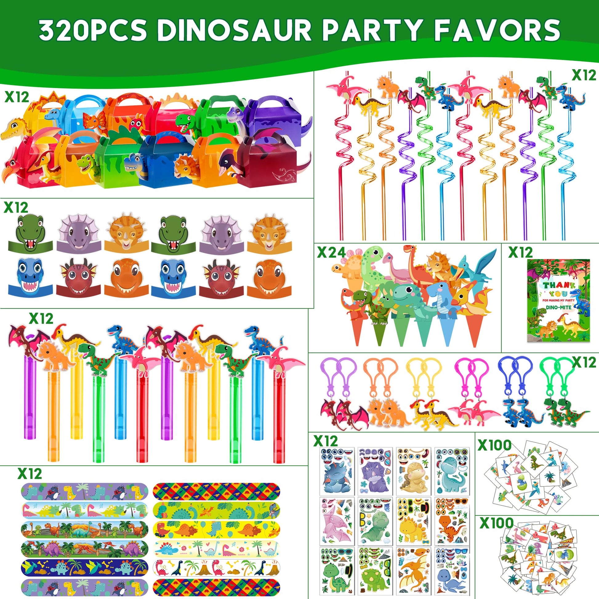 PLOUGVI 320PCS Dinosaur Birthday Party Decorations Favors Supplies, Dino Goodie Bags Fillers