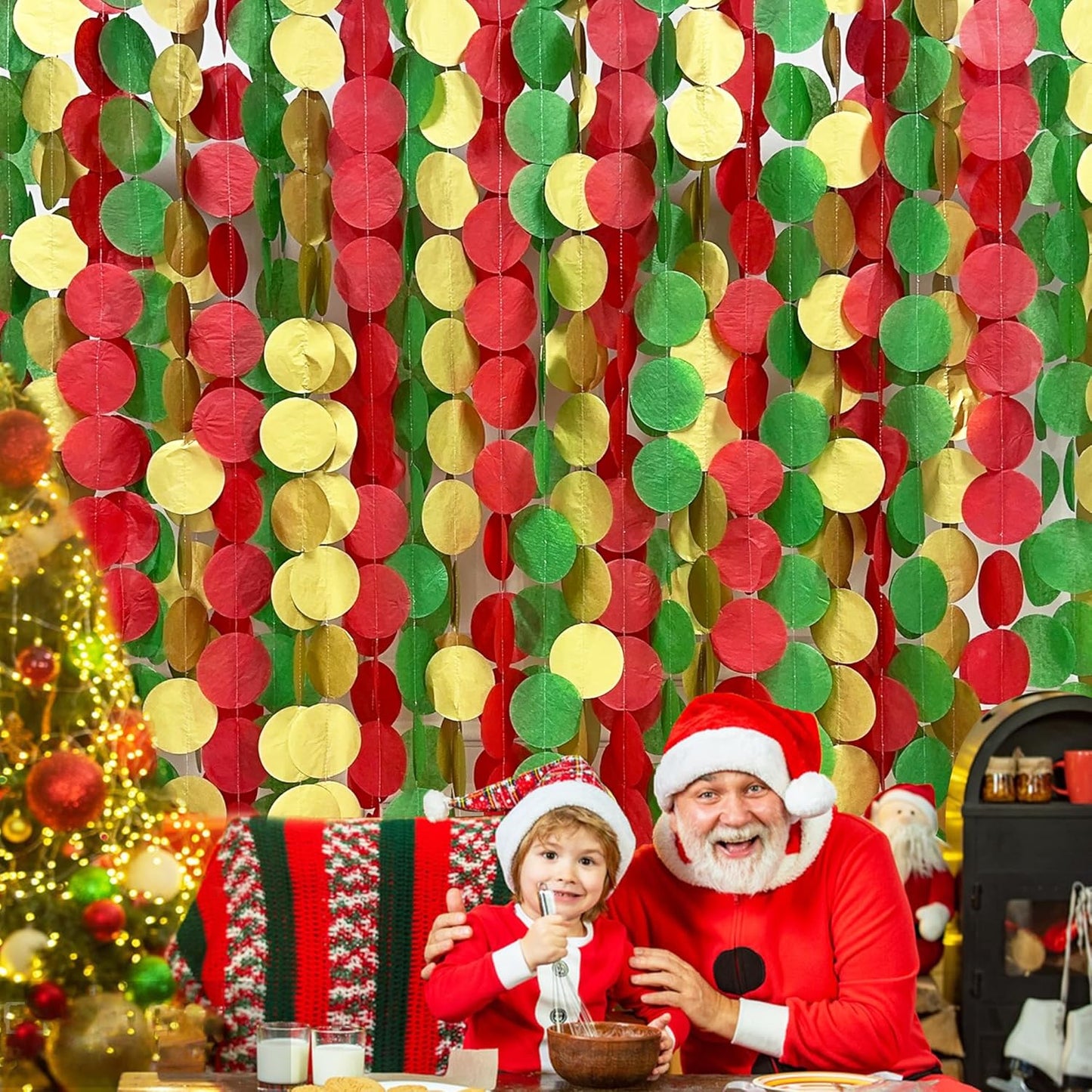 192Ft Christmas Party Decorations Red Green Metallic Gold Tissue Paper Big Polka Dots Backdrop Streamer Circle Dots Hanging Garland for Xmas Holiday Birthday Baby Shower Wedding Hen Party Supplies