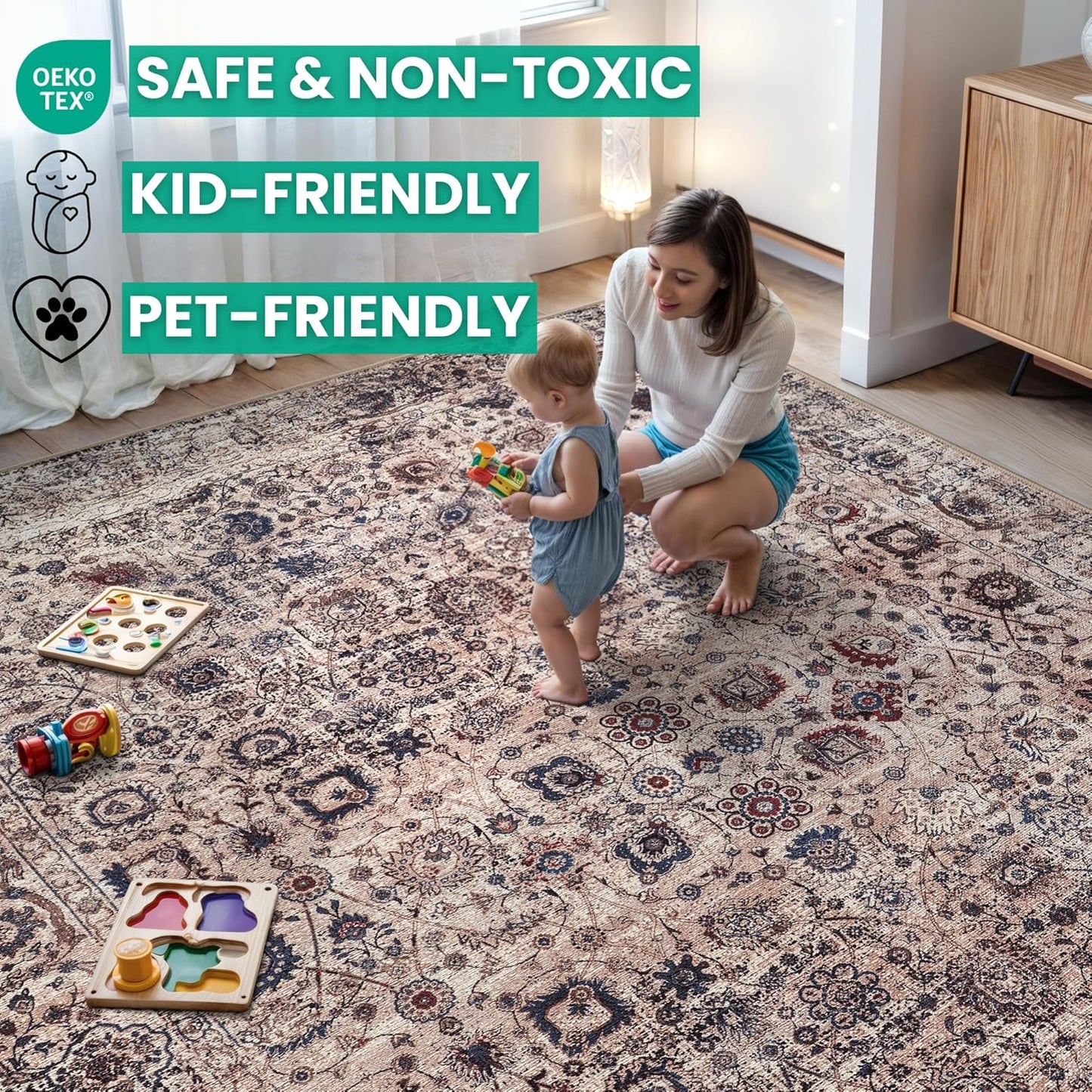 Bloom Rugs Washable Non-Slip 6' x 9' Rug - Light Tan/Blue Traditional Oriental Area Rug for Living Room, Bedroom, Dining Room, and Kitchen - Exact Size: 6' x 9'