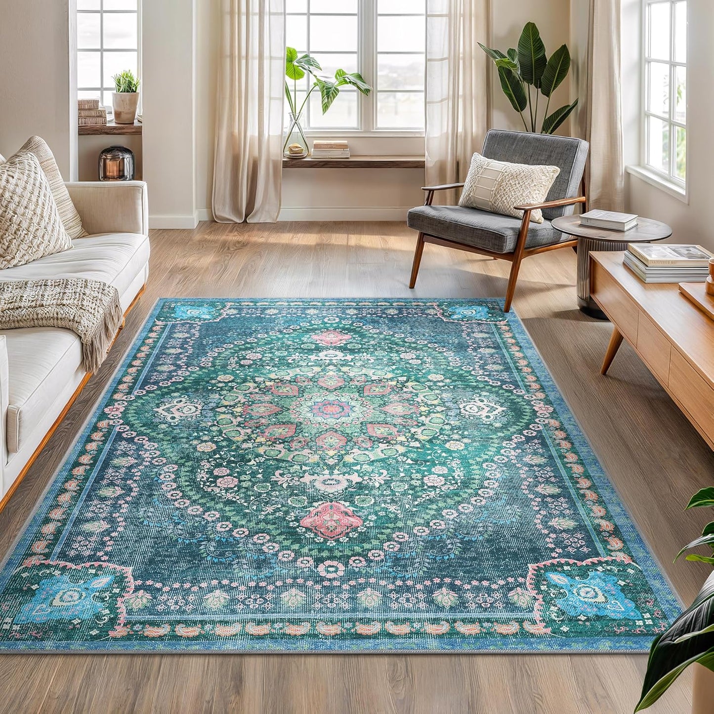 Bloom Rugs Washable Non-Slip 5' x 7' Rug - Green Traditional Medallion Area Rug for Living Room, Bedroom, Dining Room, and Kitchen - Exact Size: 5' x 7'