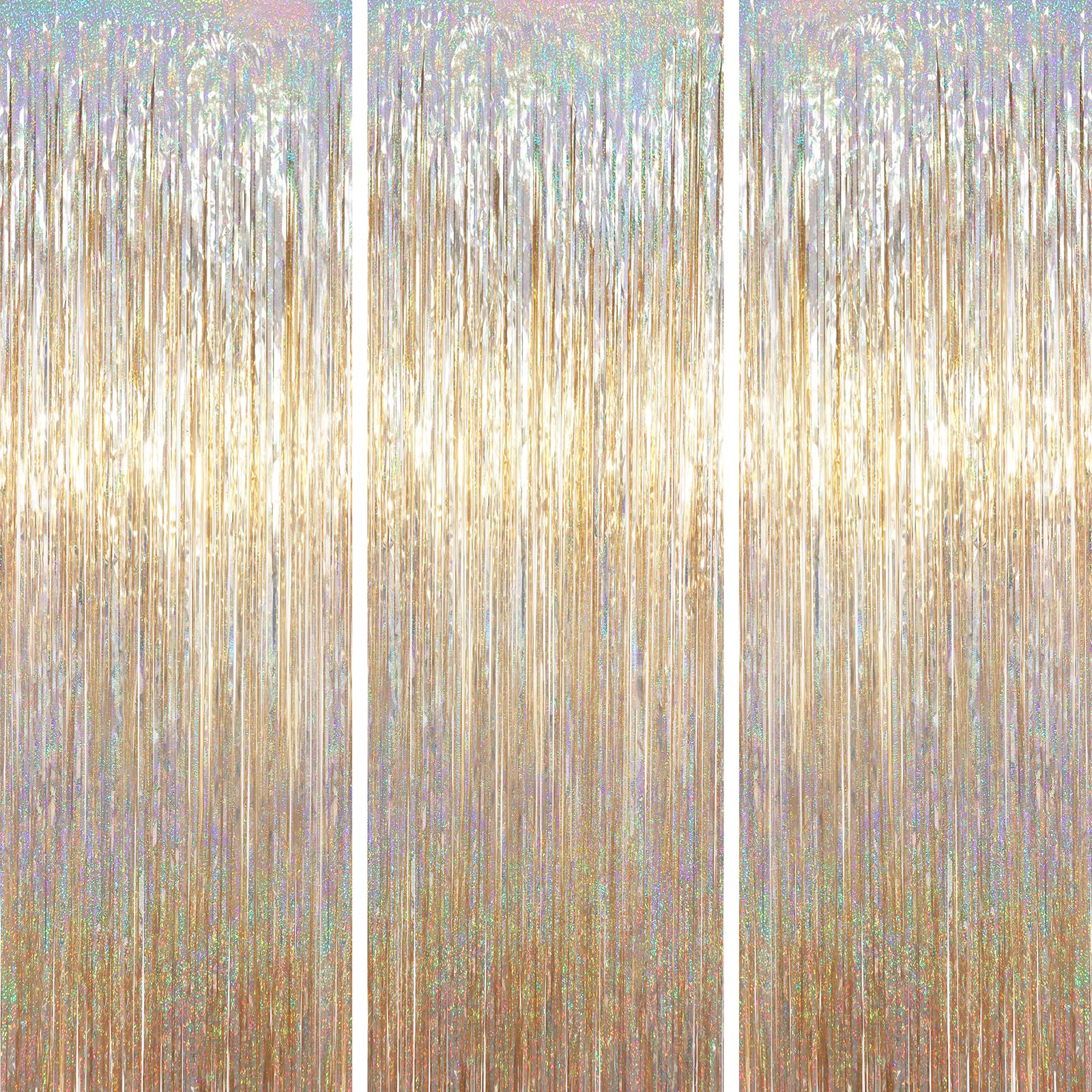 Voircoloria Champagne Foil Fringe Backdrop Curtains, 3.3x6.6ft, 3pcs