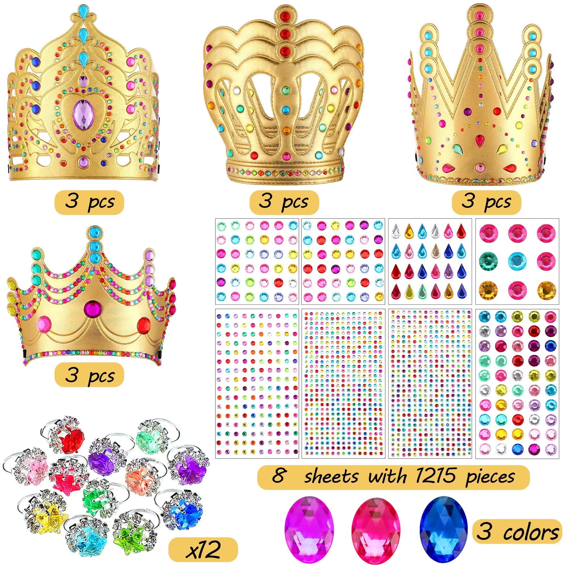 MTLEE 12 Pcs Foam Princess Tiaras Crown 928 Pcs Gem Stickers 12 Gem Rings Craft Making Kits Gifts