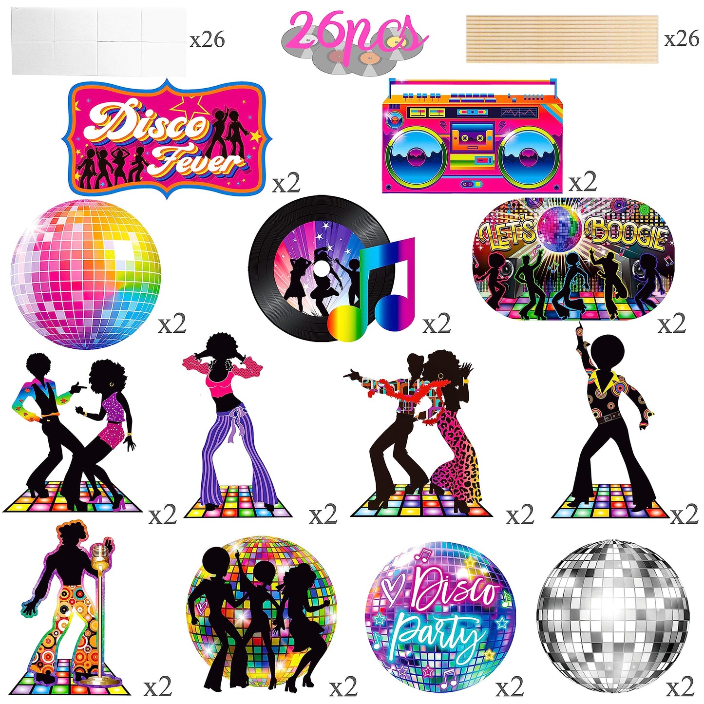 26pcs 1970s Disco Fever Party Centerpiece Sticks 70s Disco Party Decorations Retro Table Topper 80s
