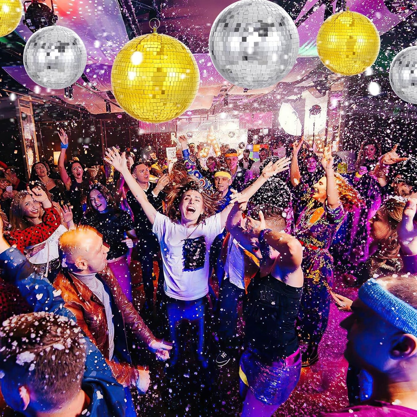 Gold Hanging Mirror Disco Ball : 6 Inches Reflective Silver Ball - 70s Party Club Stage Props DJ Light Effect Decoration (6''-4PCS Gold and Silver)