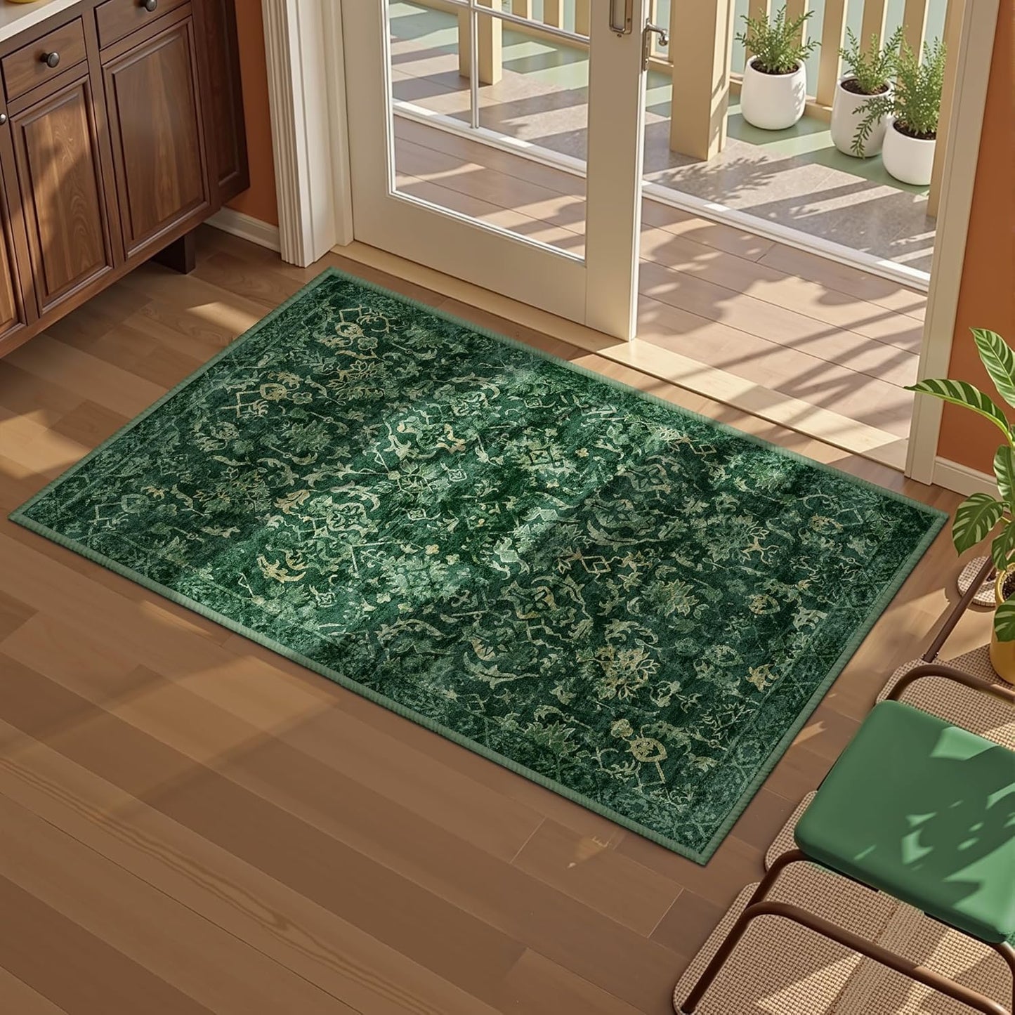 Dark Green Area Rug 2x3 Entryway Rug for Bedroom Bathroom, Non-Slip Low-Pile Washable Distressed Boho Carpet Retro Accent Doormat for Laundry Room Hallway Kitchen 24x36 Inch