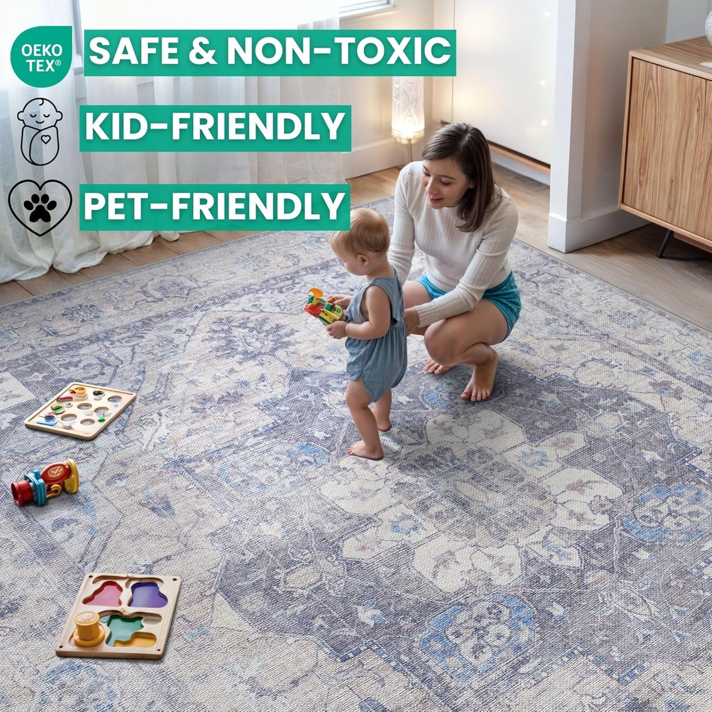 Bloom Rugs Washable Non-Slip 9' x 12' Rug - Blue/Sand Traditional Medallion Area Rug for Living Room, Bedroom, Dining Room, and Kitchen - Exact Size: 9' x 12'