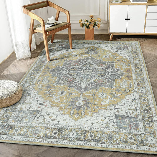 Bloom Rugs Washable Non-Slip 5' x 7' Rug - Yellow Traditional Medallion Area Rug for Living Room, Bedroom, Dining Room, and Kitchen - Exact Size: 5' x 7'