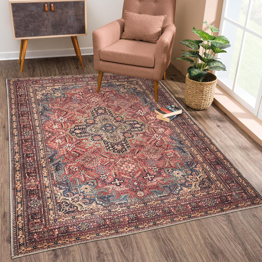 Bloom Rugs Washable Non-Slip 3' x 5' Rug - Red/Teal Blue/Yellow Traditional Medallion Area Rug for Living Room, Bedroom, Dining Room, and Kitchen - Exact Size: 3' x 5'