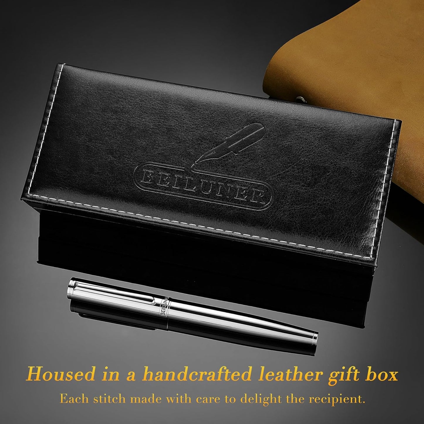 BEILUNER Silver Fountain Pen,Stunning Luxury Pens with Bright Silver Chrome, Gorgeous 24K Gilded Nib(Medium), Fancy Pen Gift for Men&Women -Ink Converter-Elegant, Office,Nice Pen for Writing