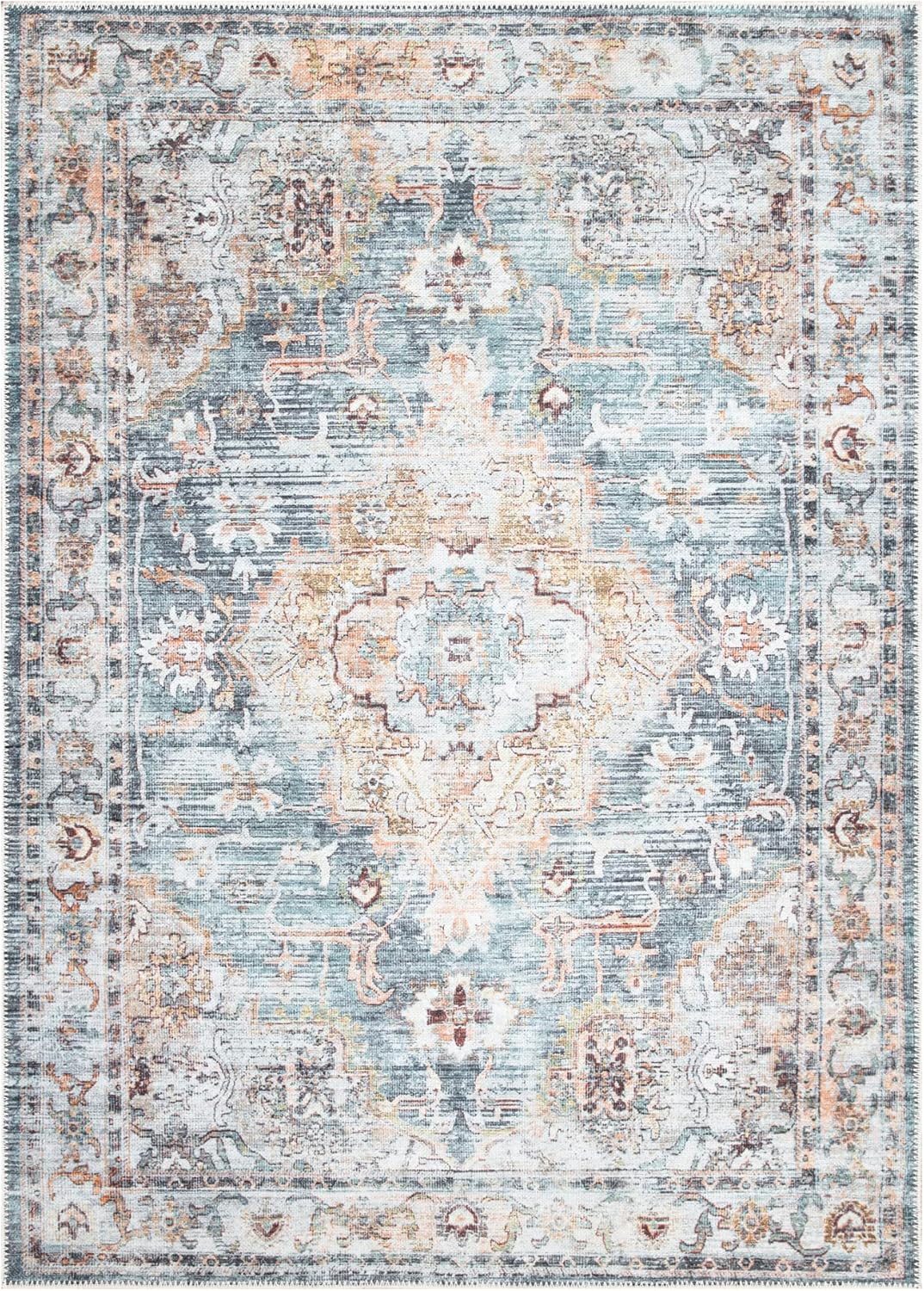 Bloom Rugs Washable Non-Slip 3' x 5' Rug - Teal/Peach Traditional Area Rug for Living Room, Bedroom, Dining Room, and Kitchen - Exact Size: 3' x 5'