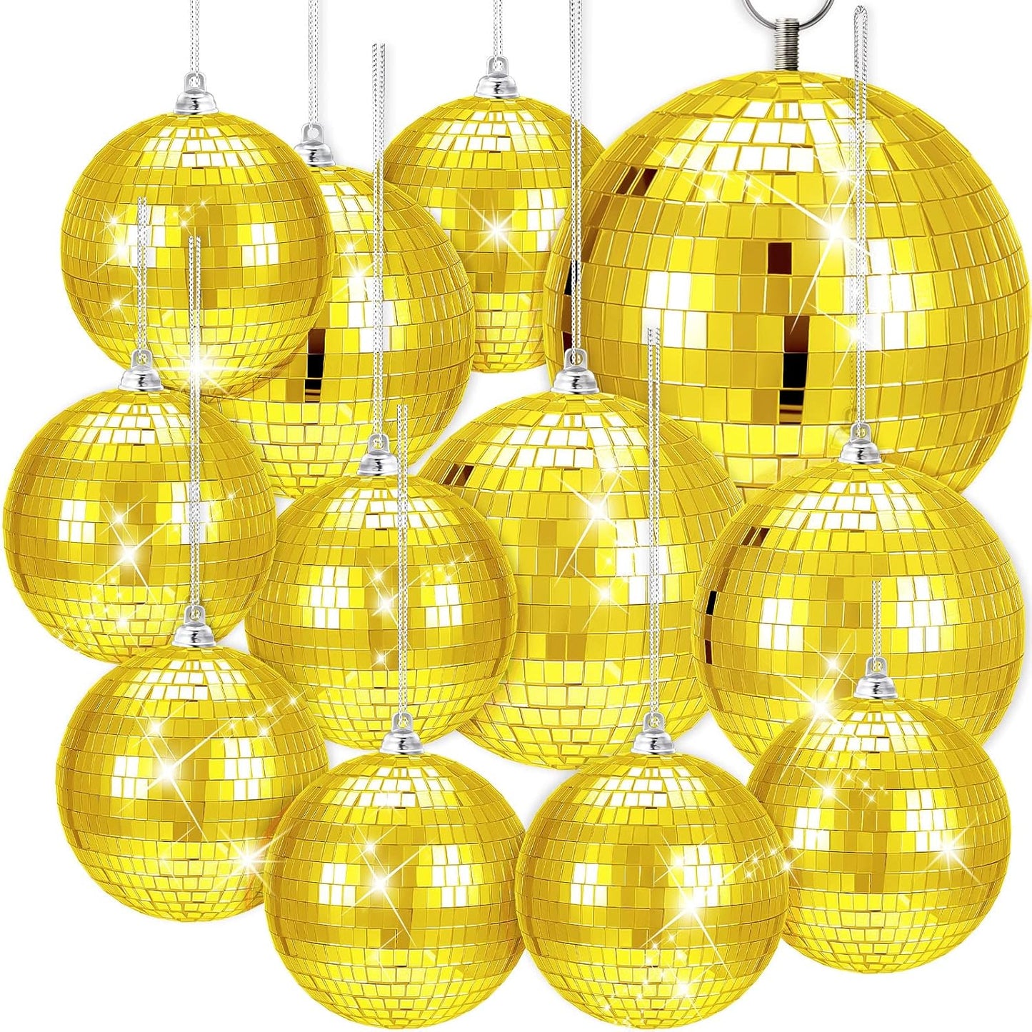 WILLBOND 12 Pack Disco Ball Mirror Ball with Hanging Ring for Fun Retro Disco Party Decorations Party Dj Lighting Effect Stage Props Game Accessories, 5.91", 3.94", 3.15", 2.36"(Gold)